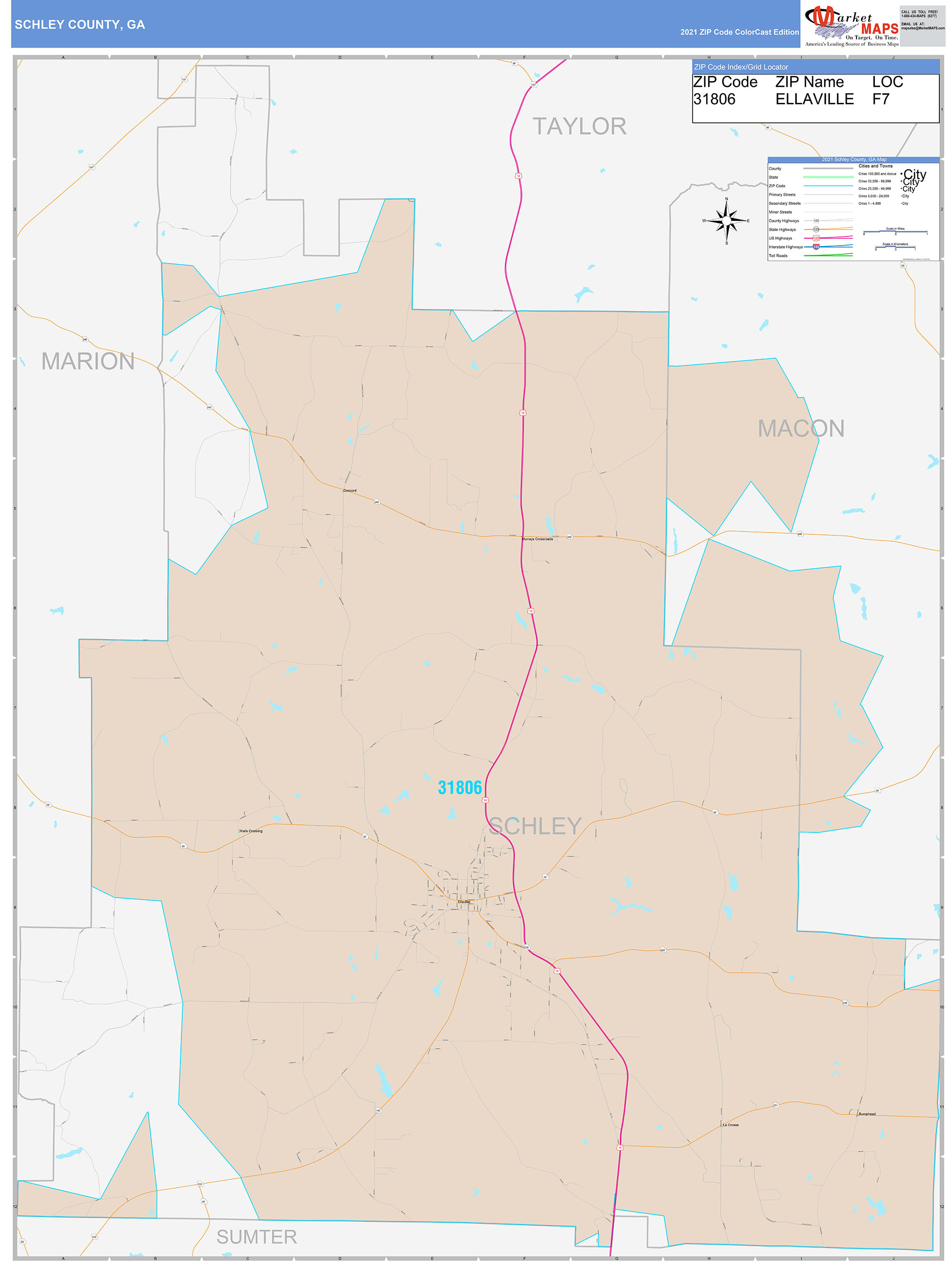 Schley County, GA Wall Map Color Cast Style by MarketMAPS