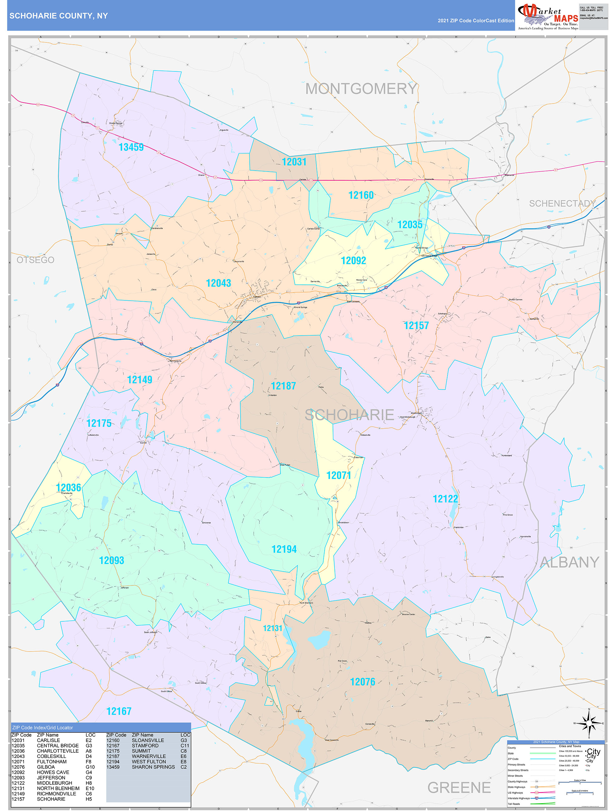 Schoharie County, NY Wall Map Color Cast Style by MarketMAPS
