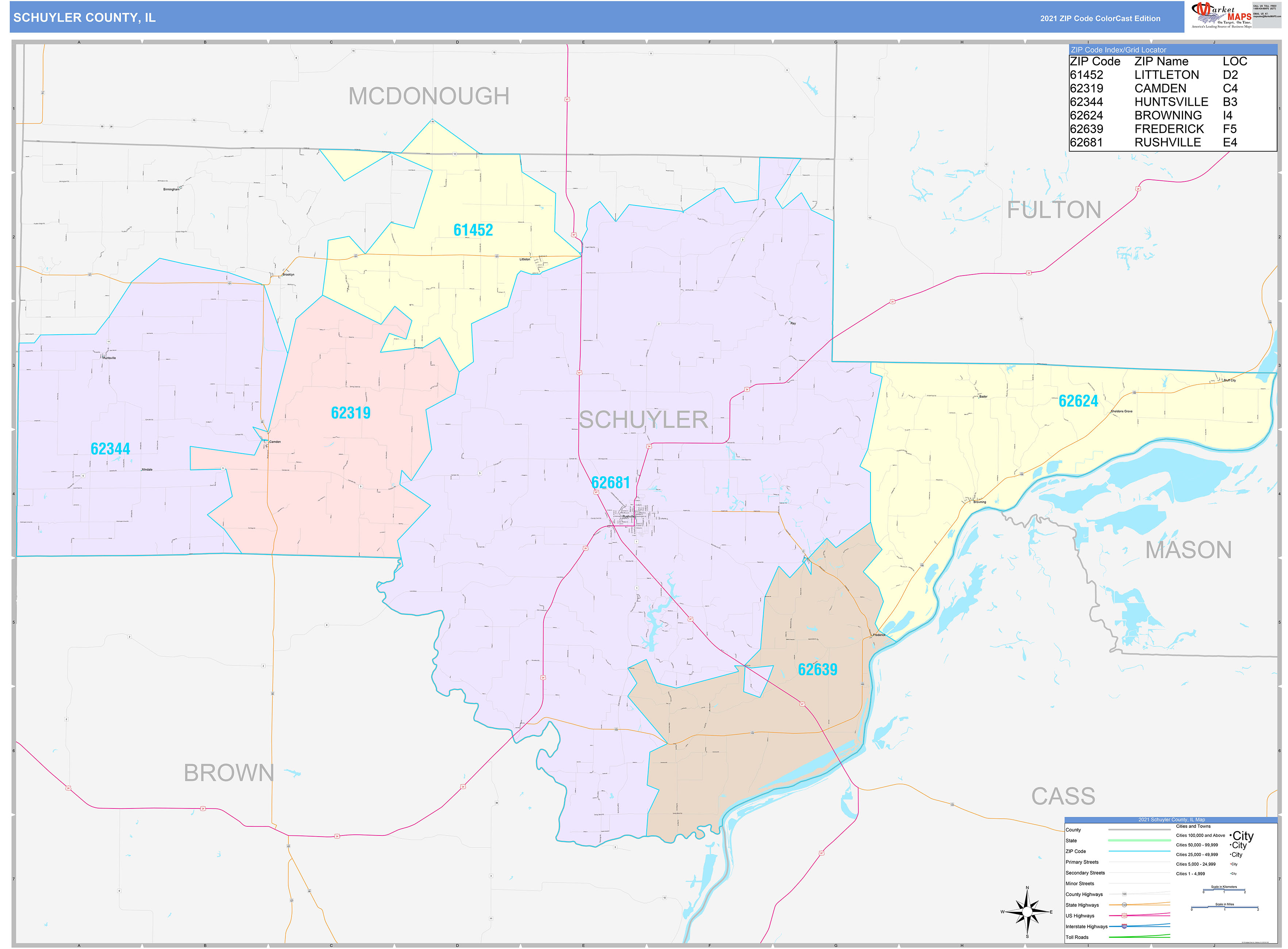 Schuyler County, IL Wall Map Color Cast Style by MarketMAPS MapSales