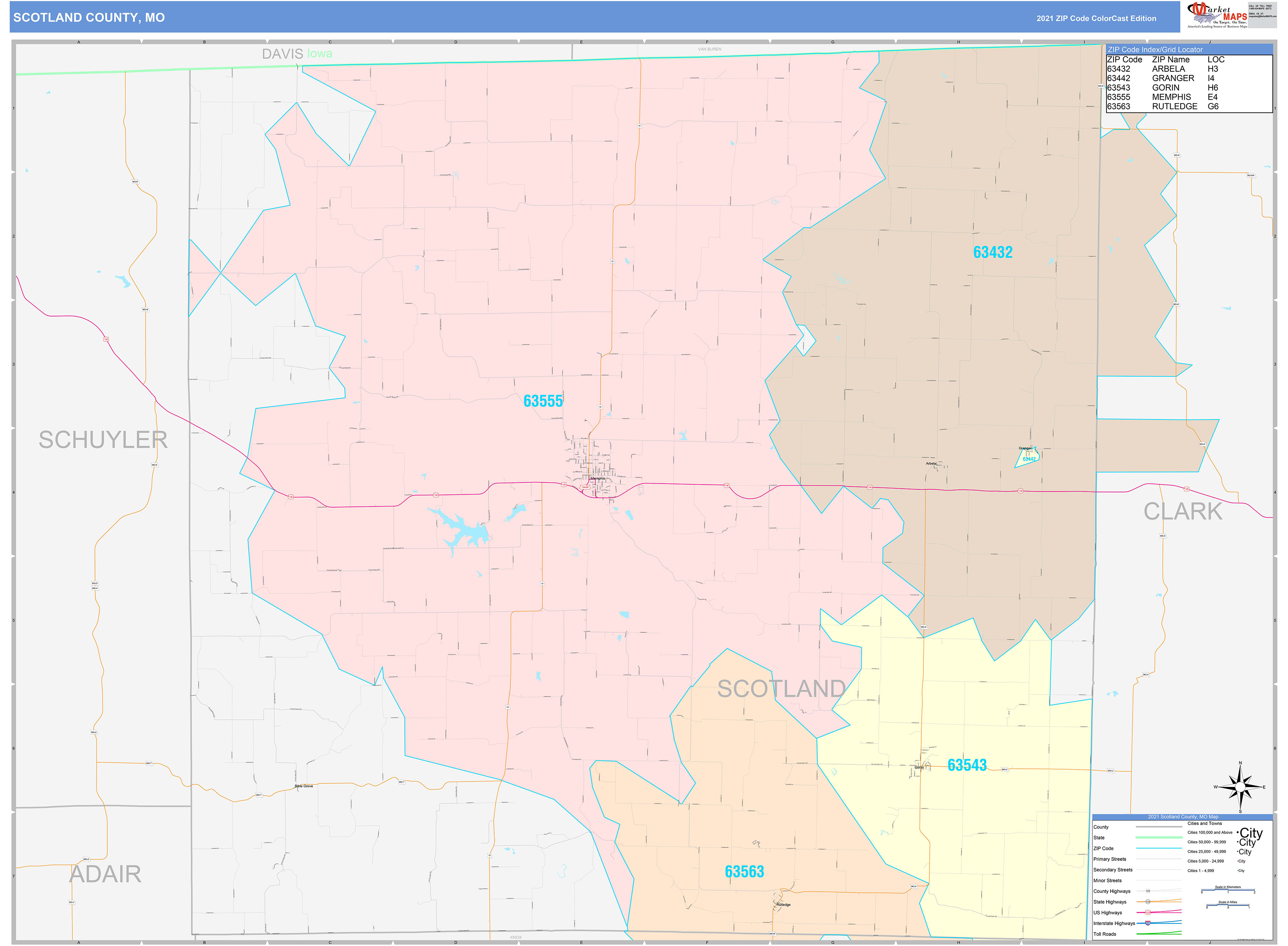 Scotland County, MO Wall Map Color Cast Style by MarketMAPS