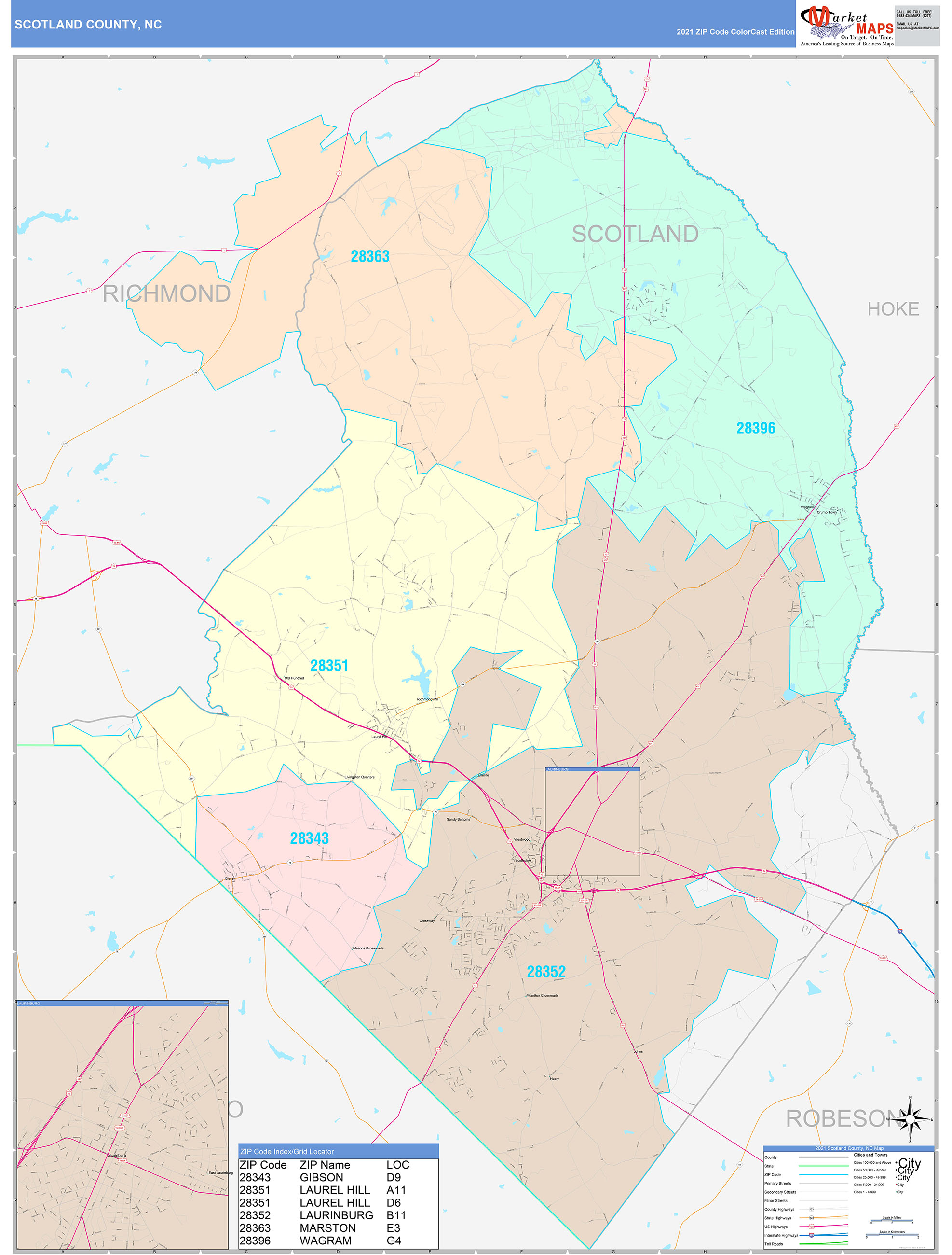 Scotland County, NC Wall Map Color Cast Style by MarketMAPS