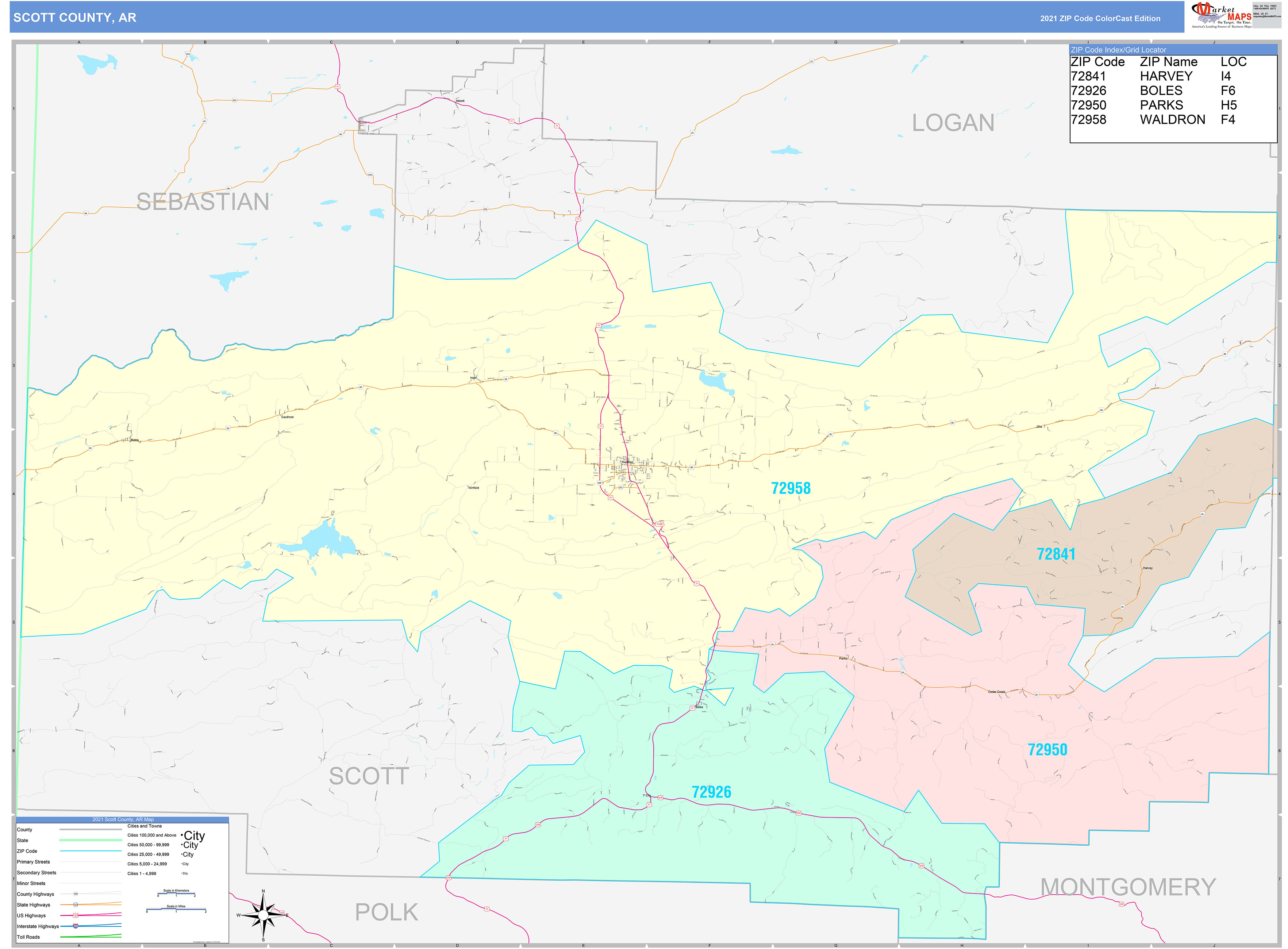 Scott County, AR Wall Map Color Cast Style by MarketMAPS