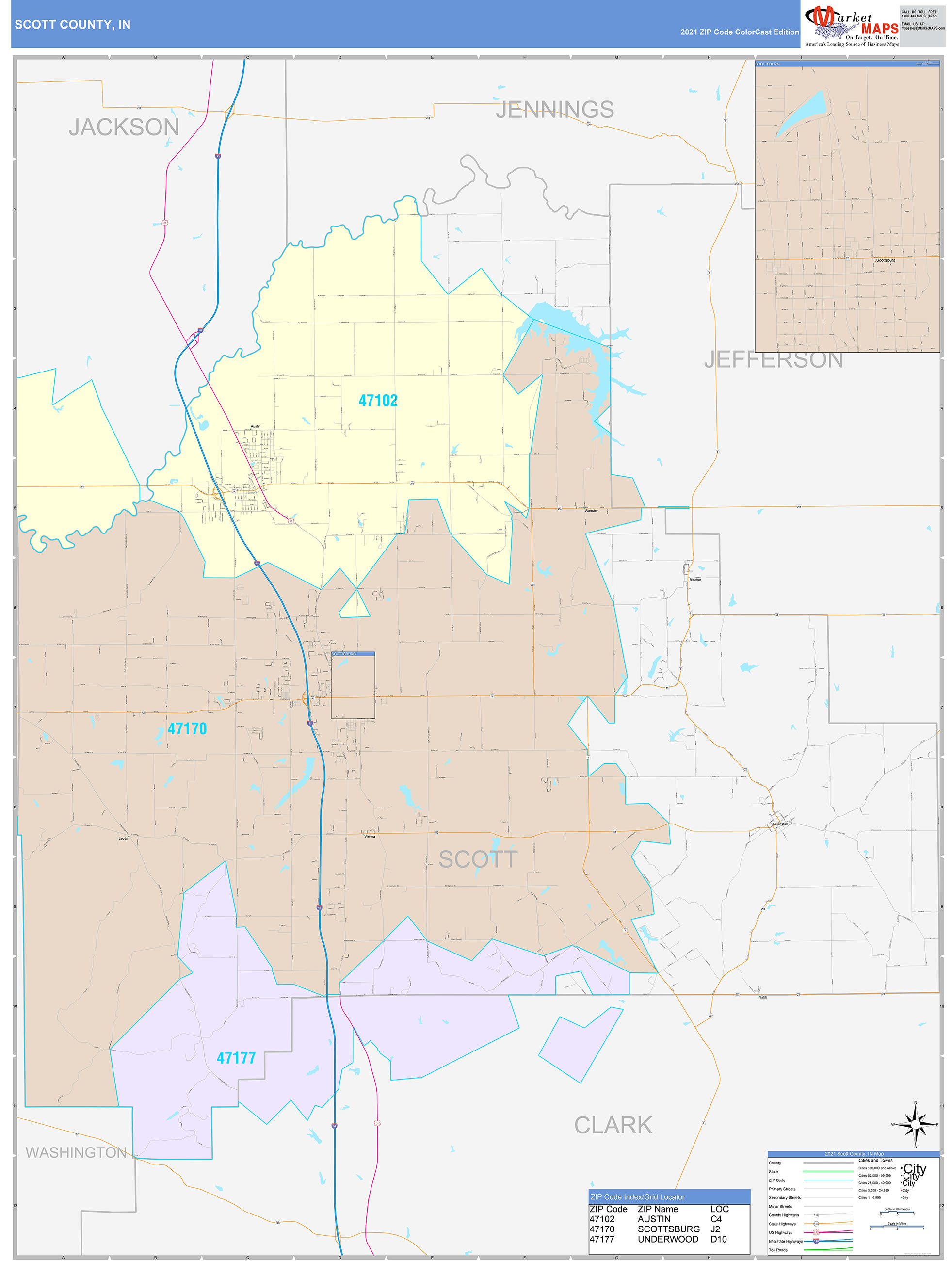 Scott County, IN Wall Map Color Cast Style by MarketMAPS - MapSales