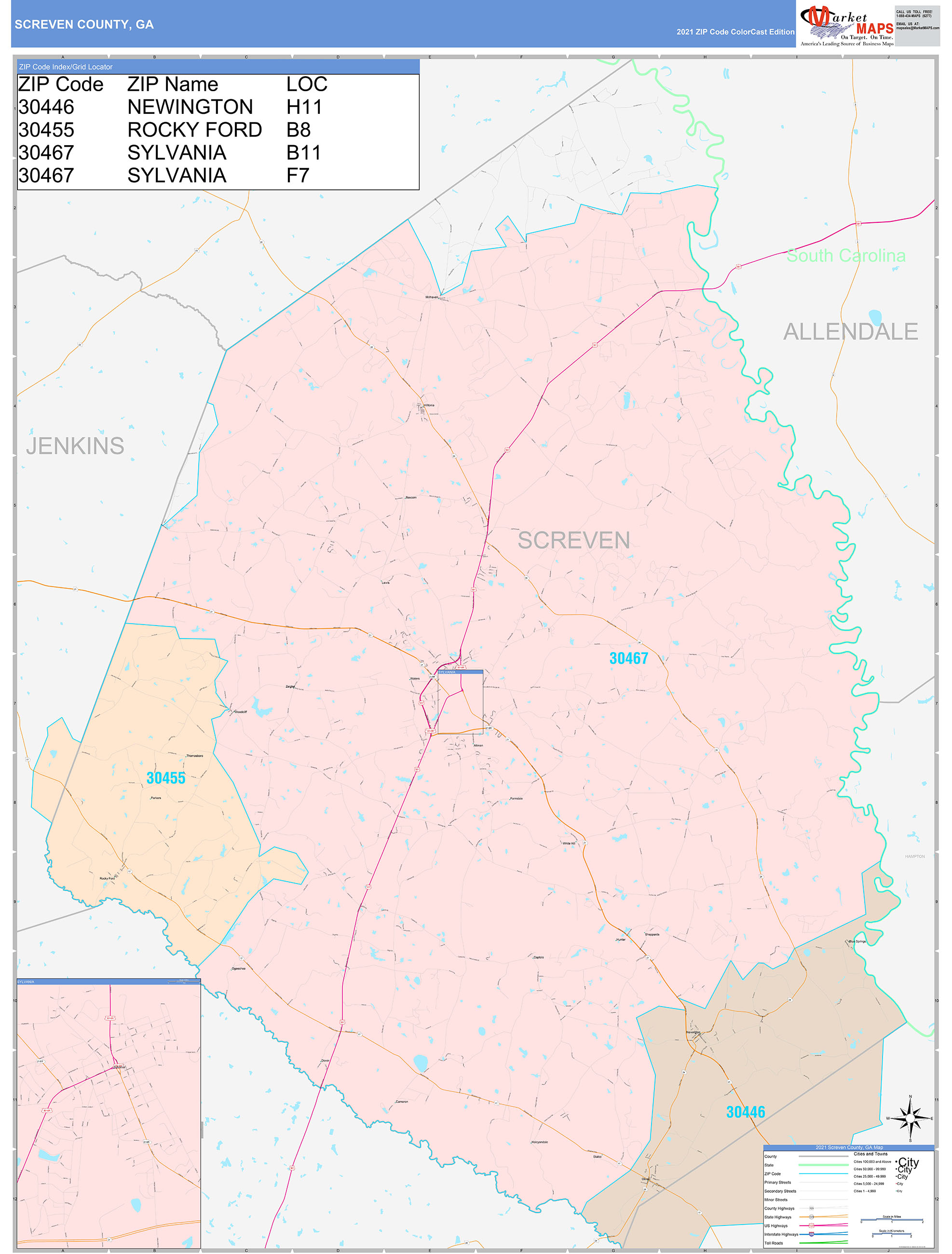 Screven County, GA Wall Map Color Cast Style by MarketMAPS