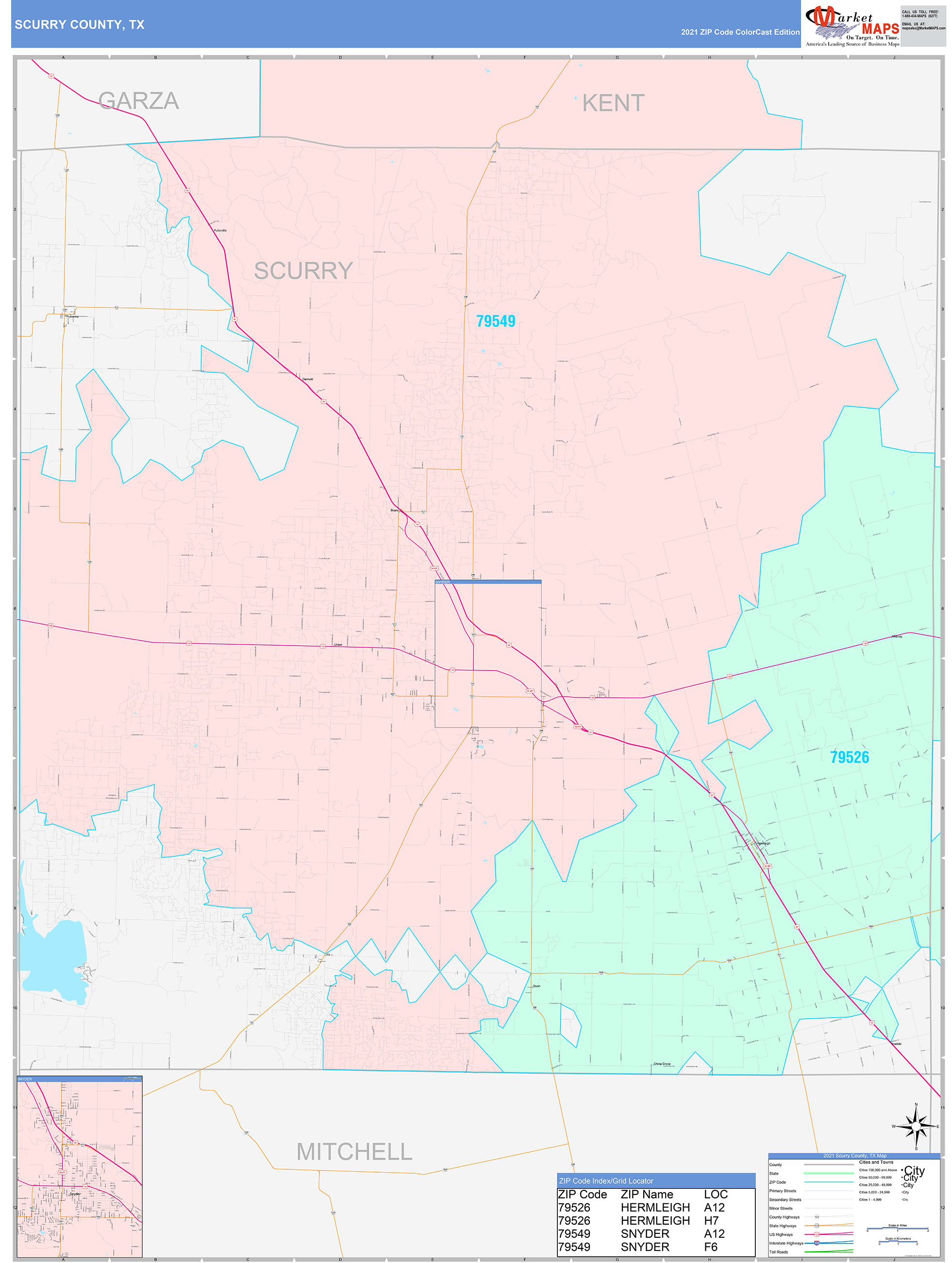 Scurry County, TX Wall Map Color Cast Style by MarketMAPS MapSales