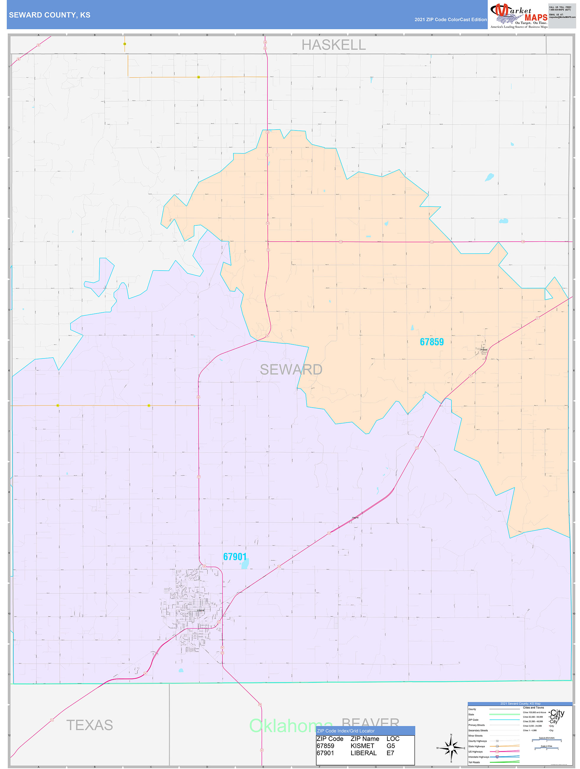 Seward County, KS Wall Map Color Cast Style by MarketMAPS MapSales