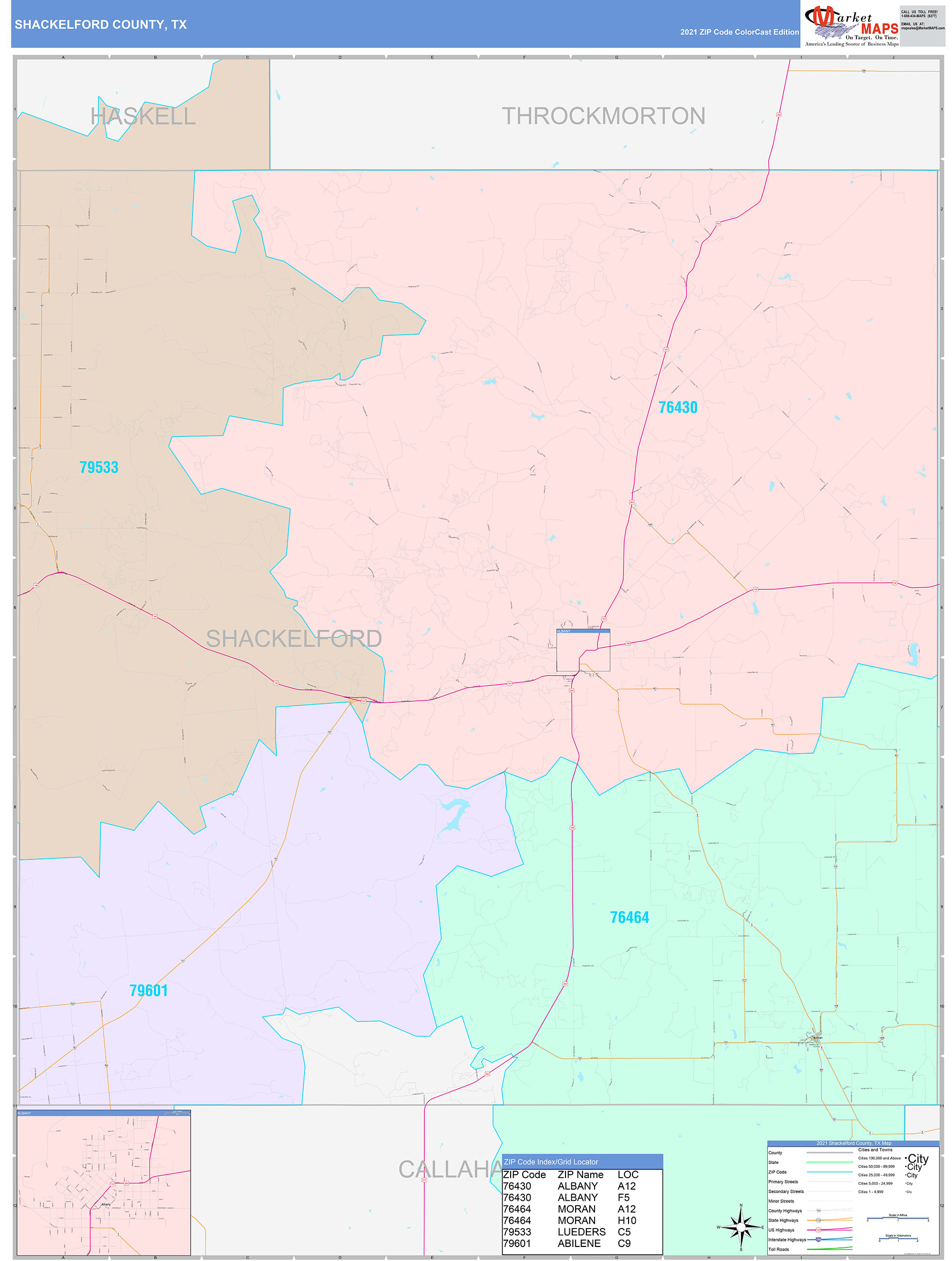 Shackelford County, TX Wall Map Color Cast Style by MarketMAPS
