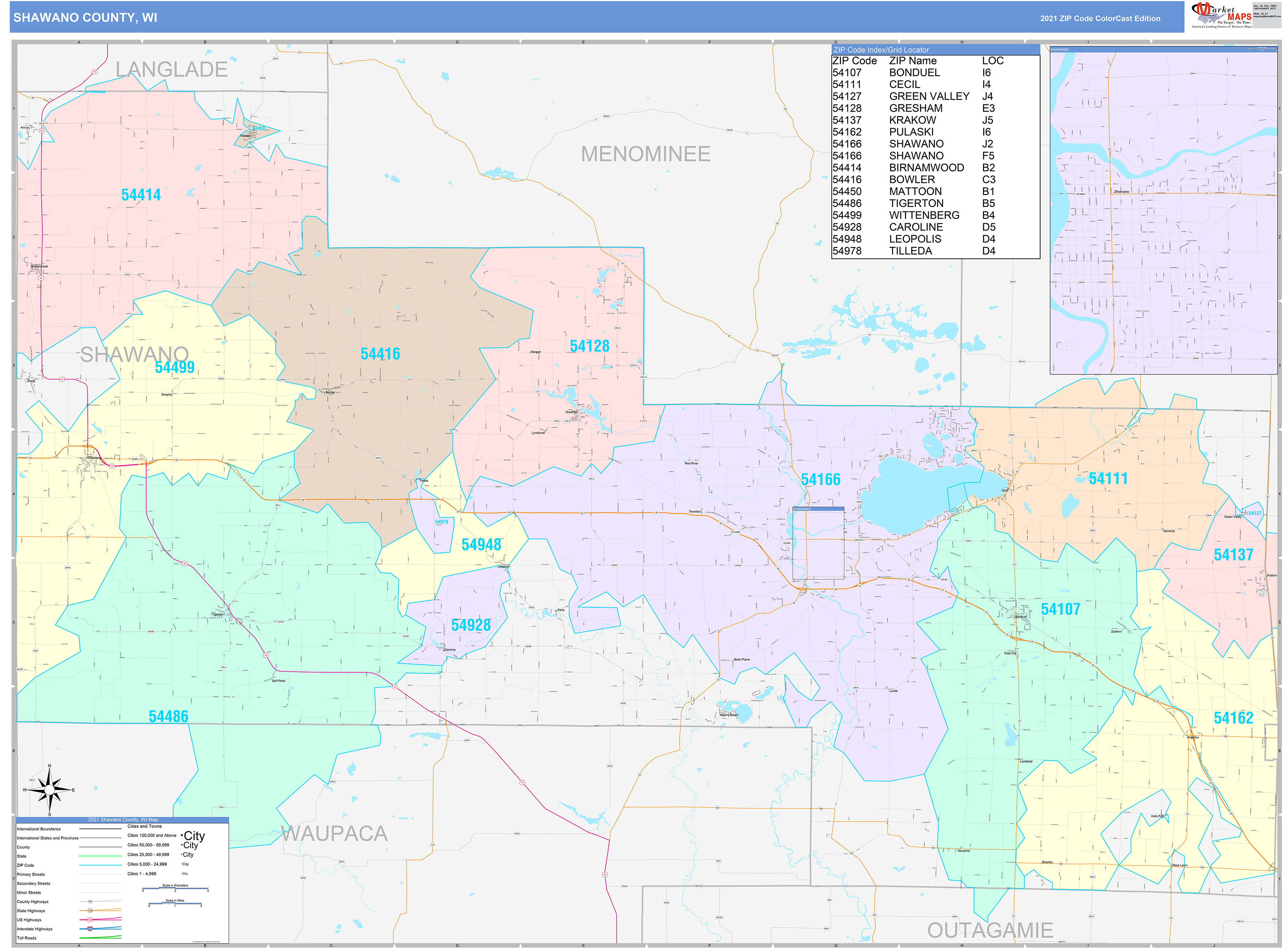 Shawano County, WI Wall Map Color Cast Style by MarketMAPS