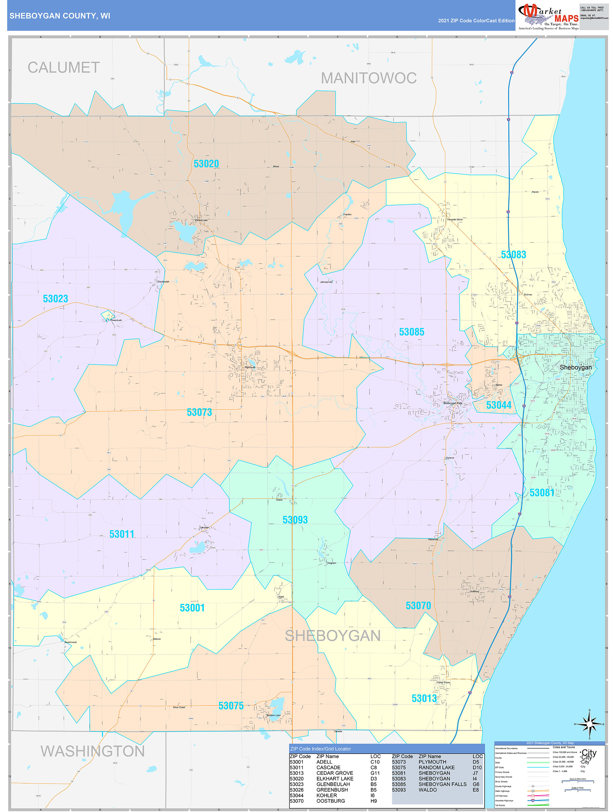Sheboygan County, WI Wall Map Color Cast Style by MarketMAPS MapSales