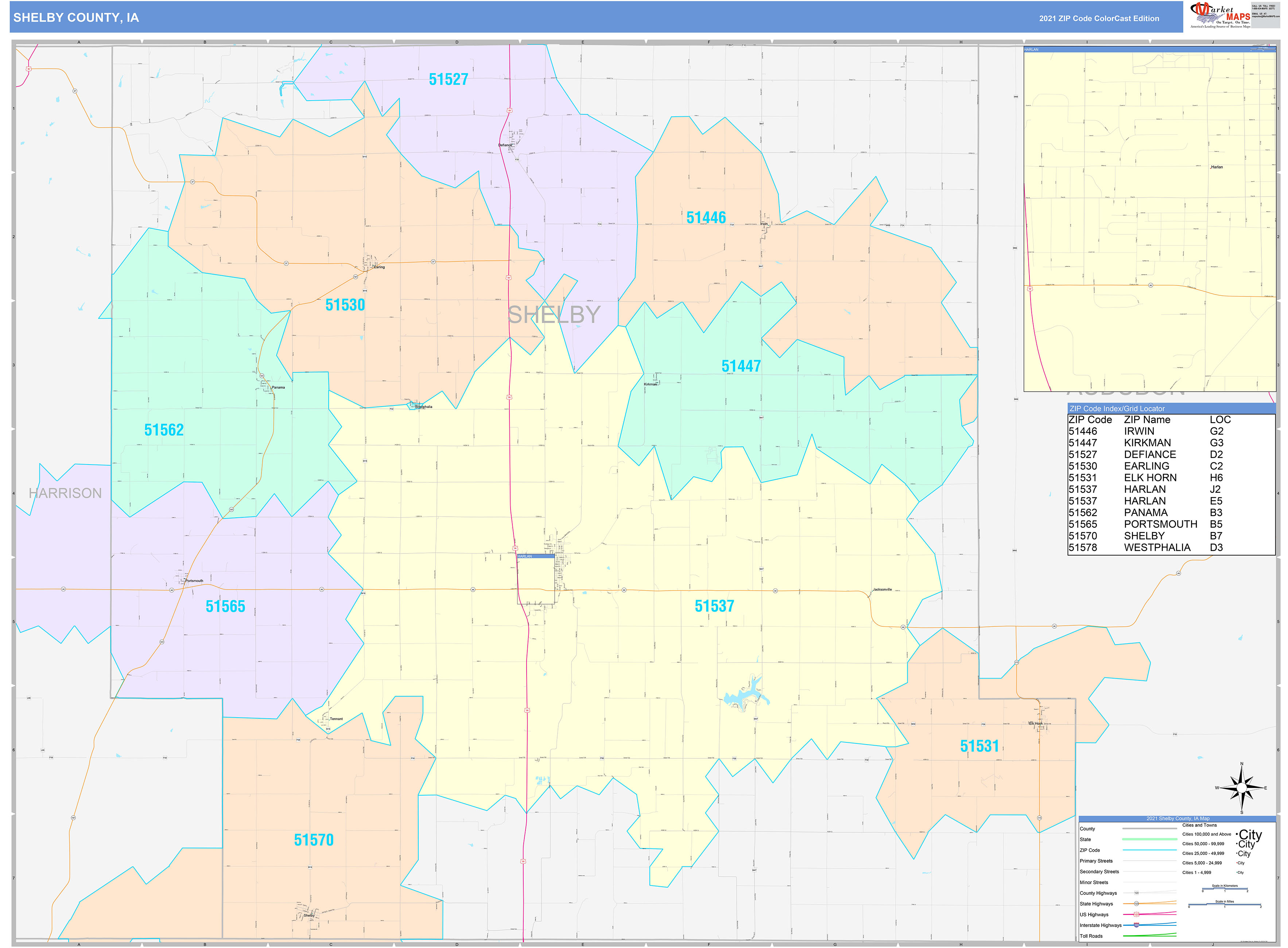 Shelby County, IA Wall Map Color Cast Style by MarketMAPS