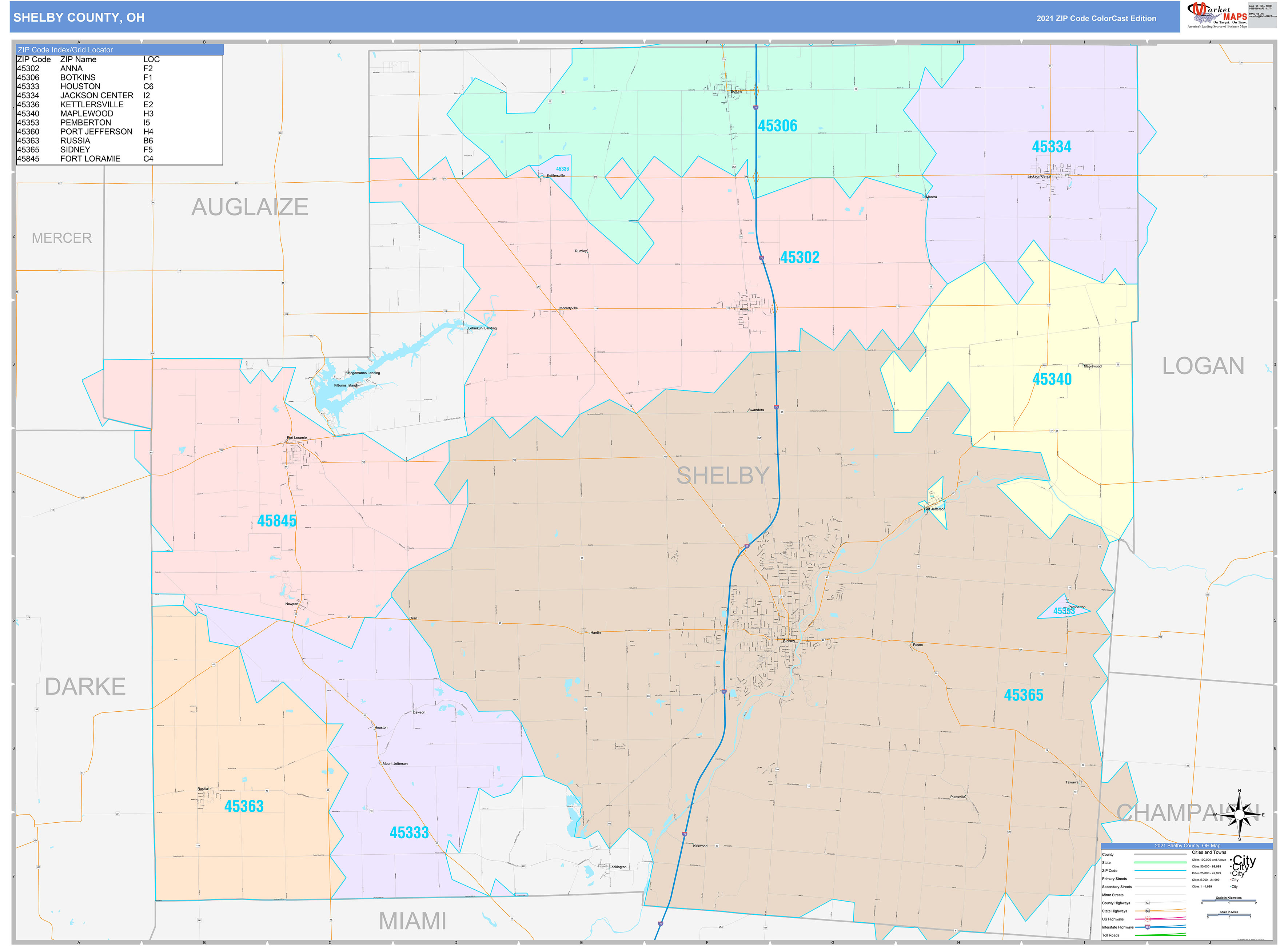 Shelby County, OH Wall Map Color Cast Style by MarketMAPS