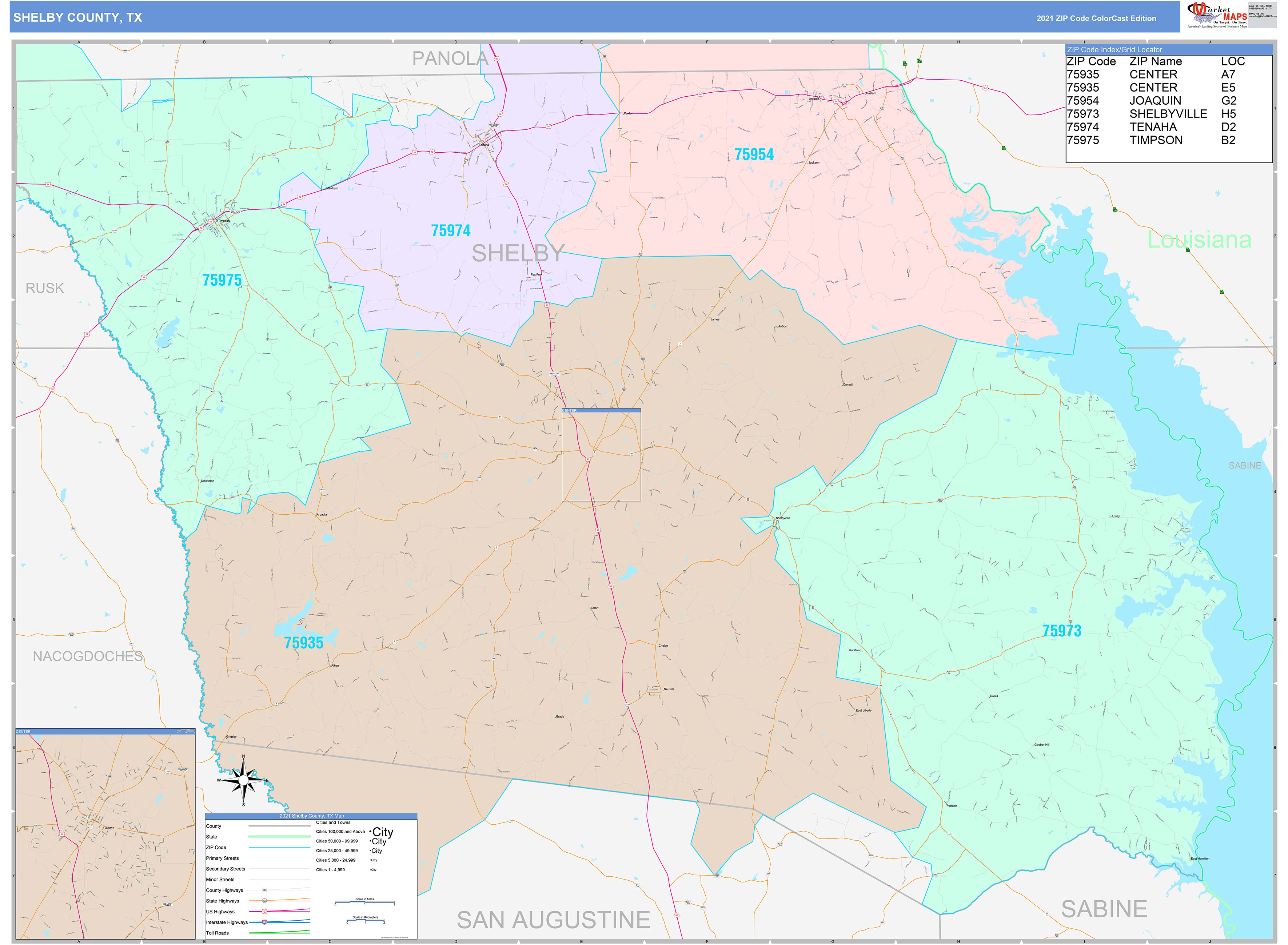 Shelby County, TX Wall Map Color Cast Style by MarketMAPS