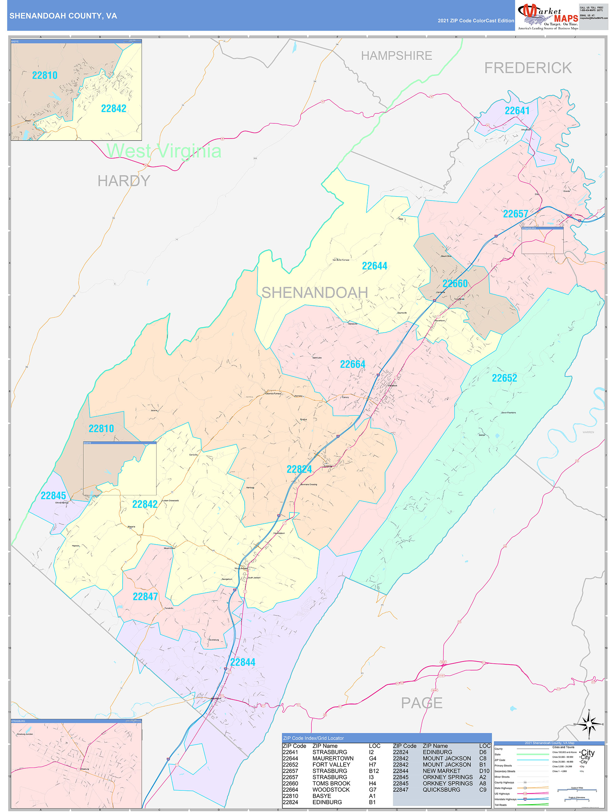 shenandoah county va wall map color cast style by marketmaps