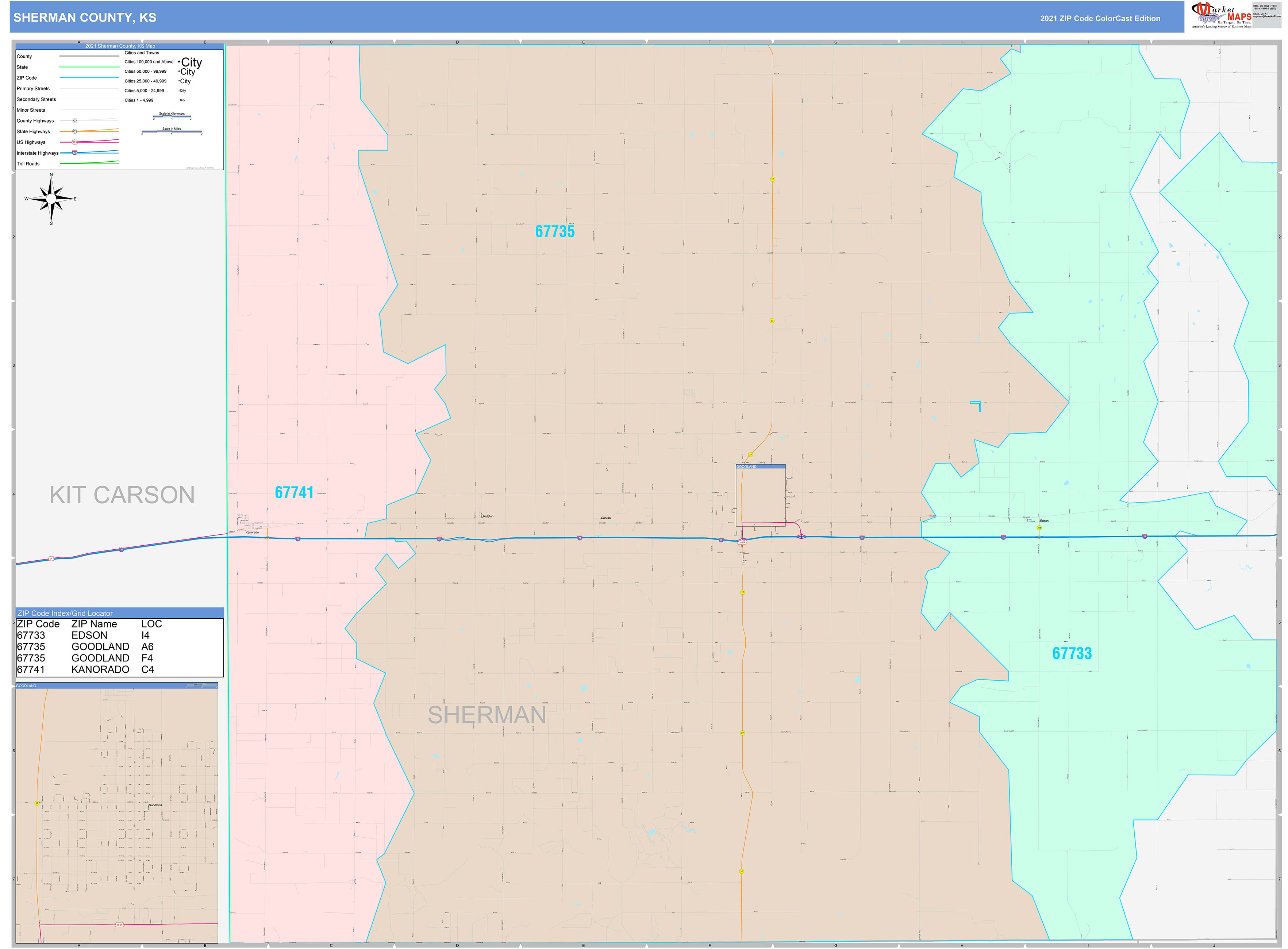 Sherman County, KS Wall Map Color Cast Style by MarketMAPS MapSales