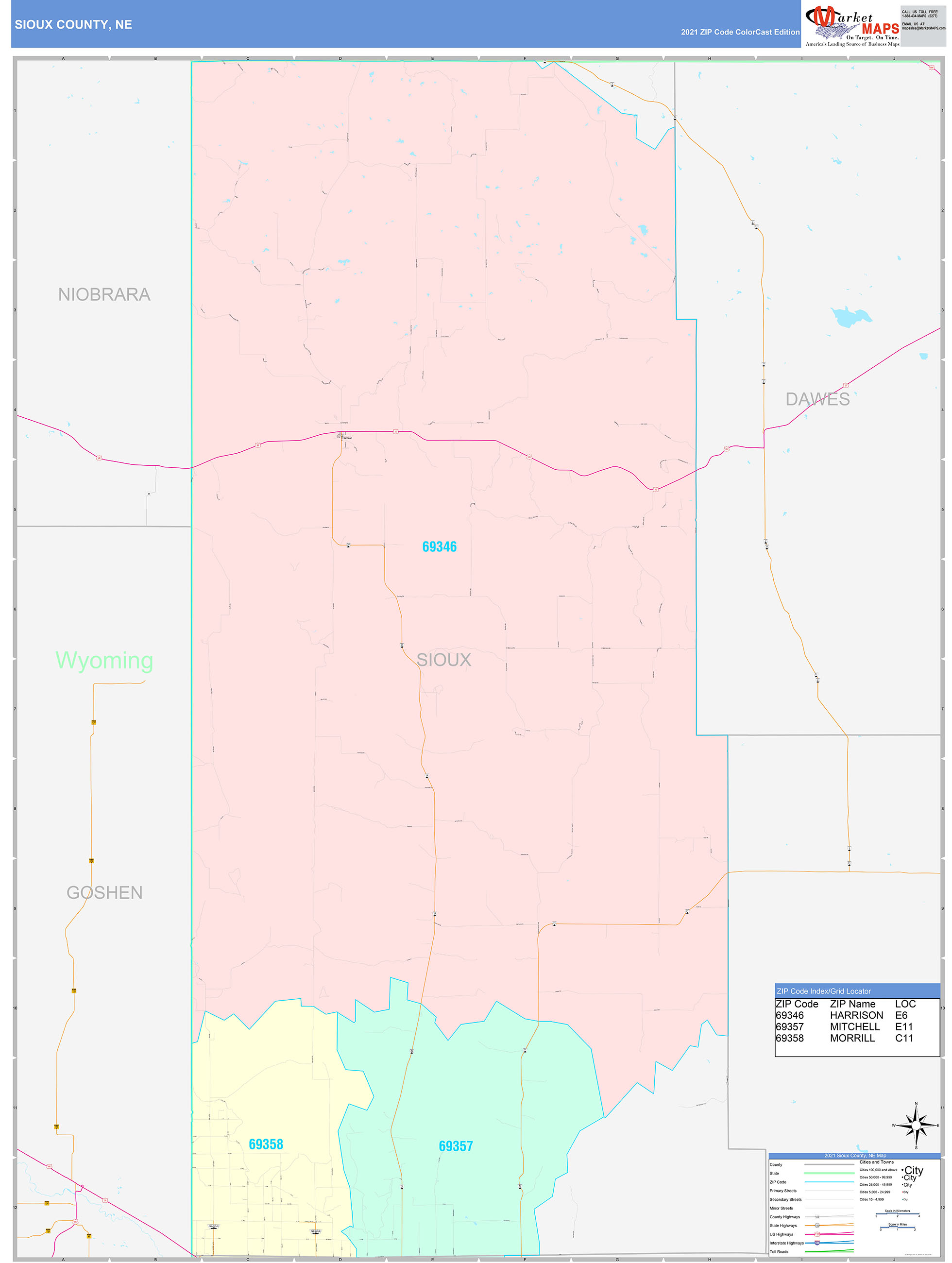 Sioux County, NE Wall Map Color Cast Style by MarketMAPS