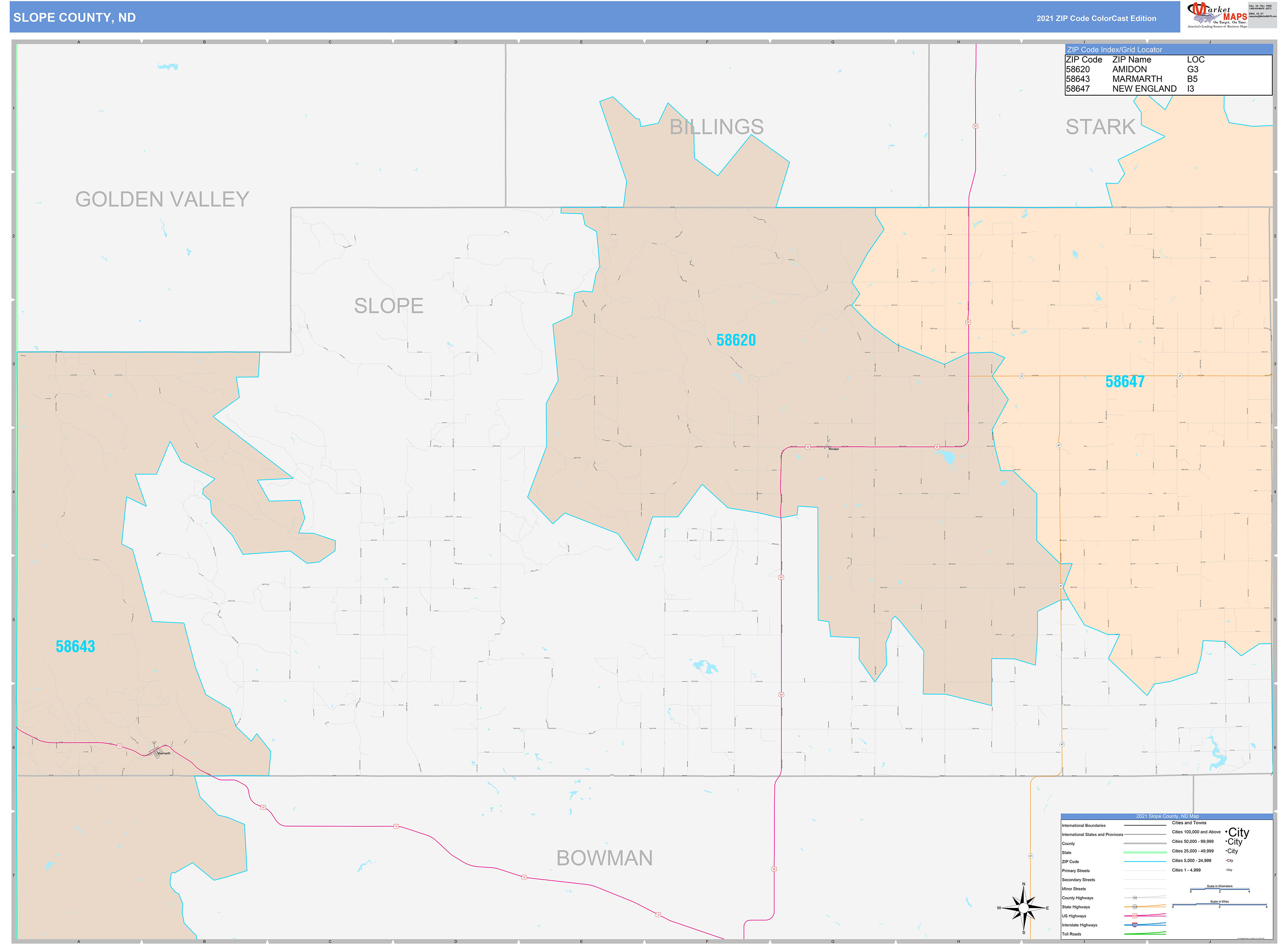 Slope County, ND Wall Map Color Cast Style by MarketMAPS