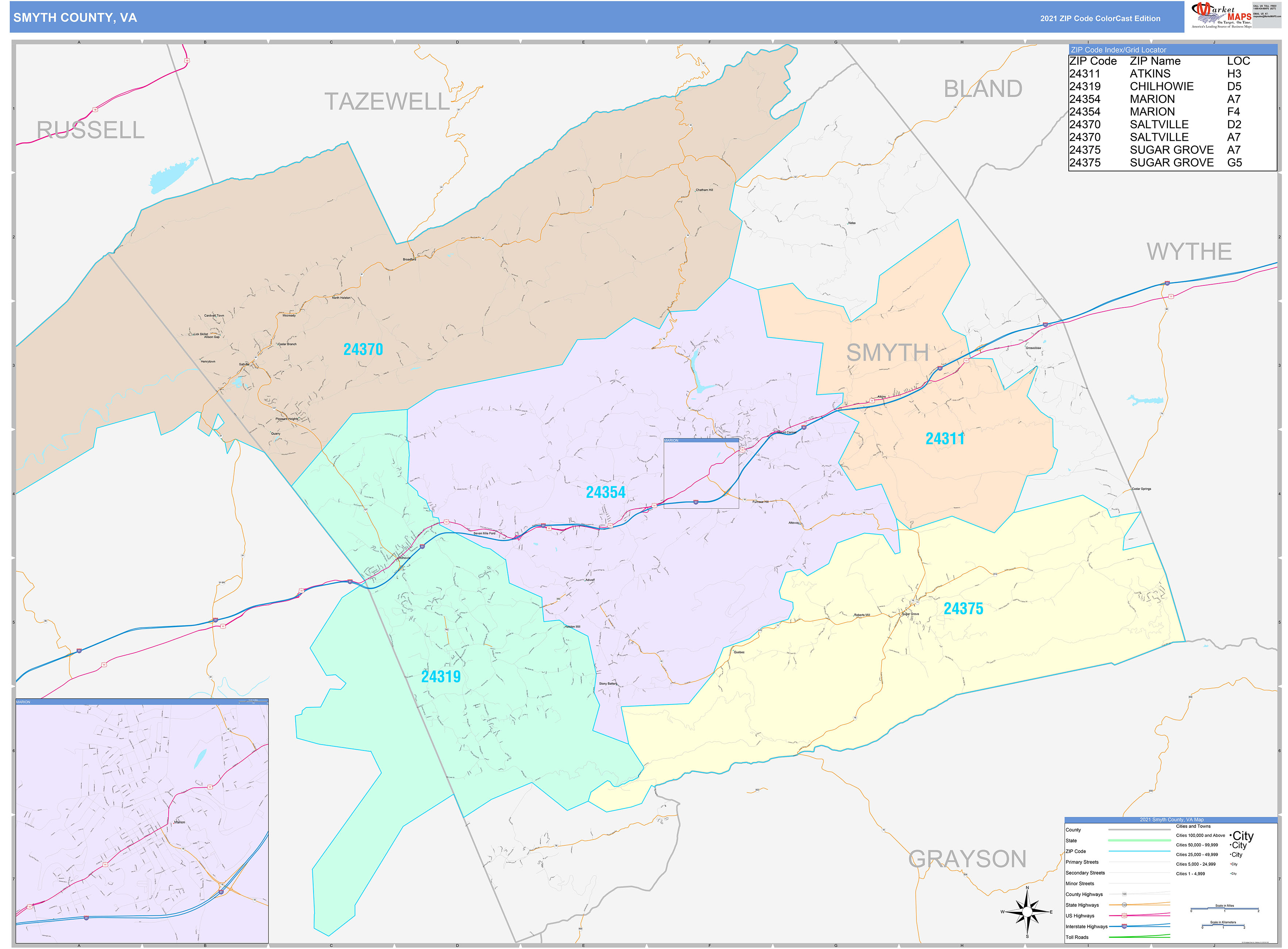 Smyth County, VA Wall Map Color Cast Style by MarketMAPS