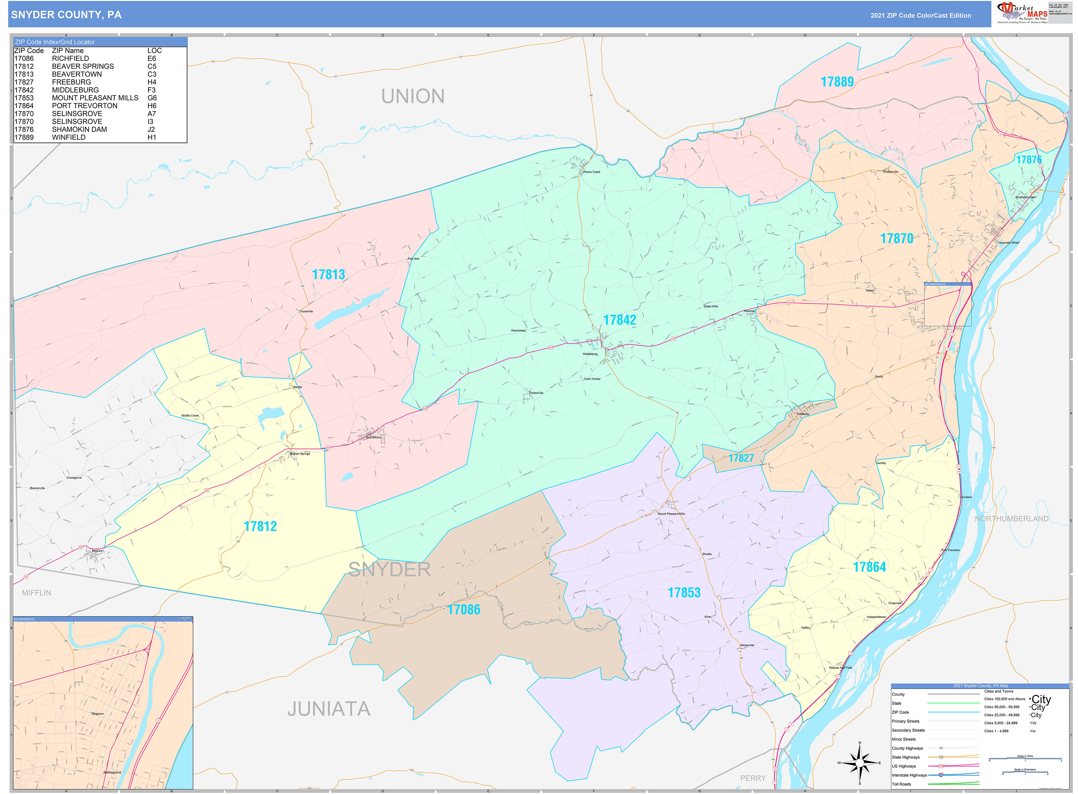 Snyder County, PA Wall Map Color Cast Style by MarketMAPS MapSales