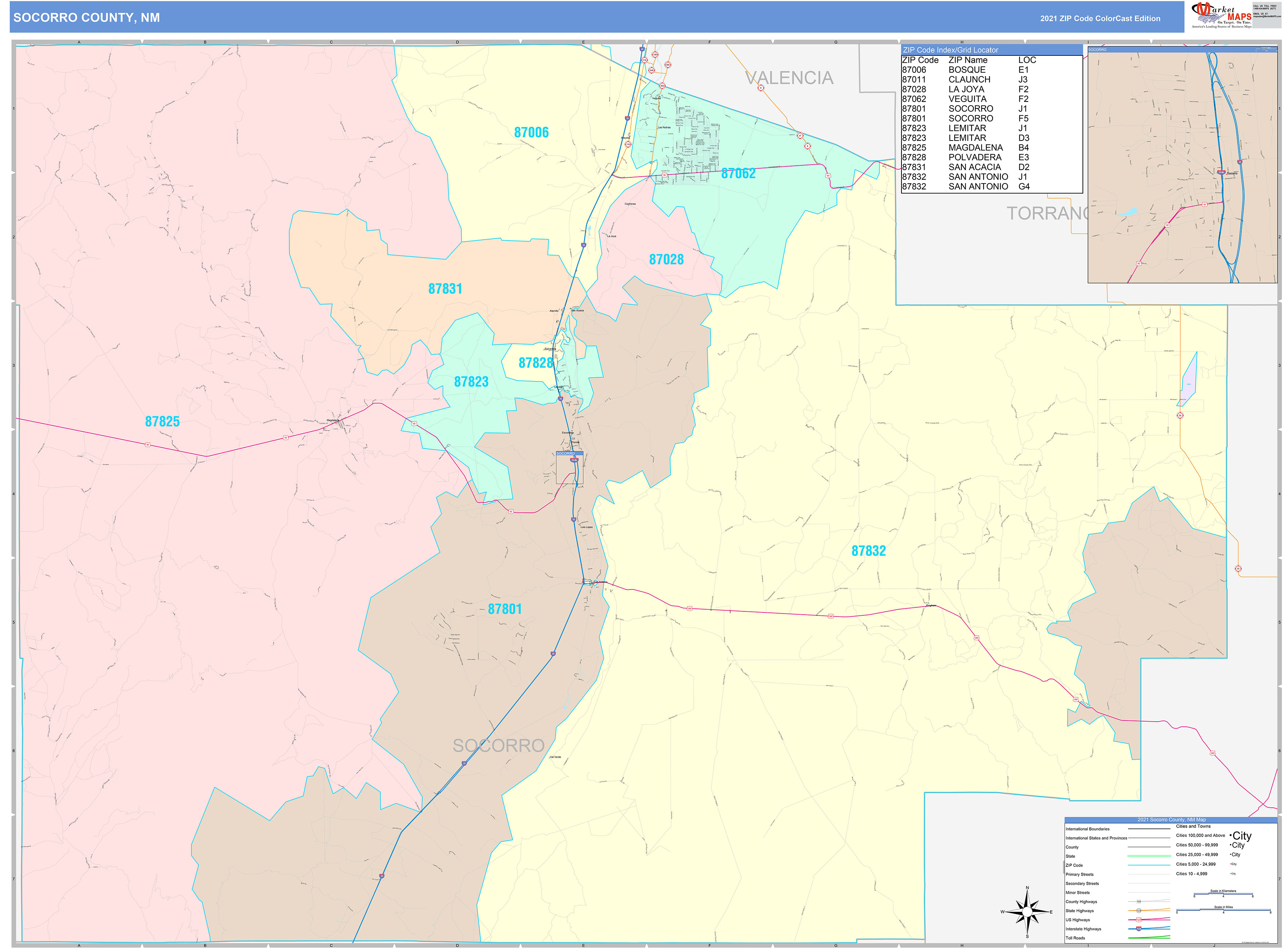 Socorro County, NM Wall Map Color Cast Style by MarketMAPS MapSales