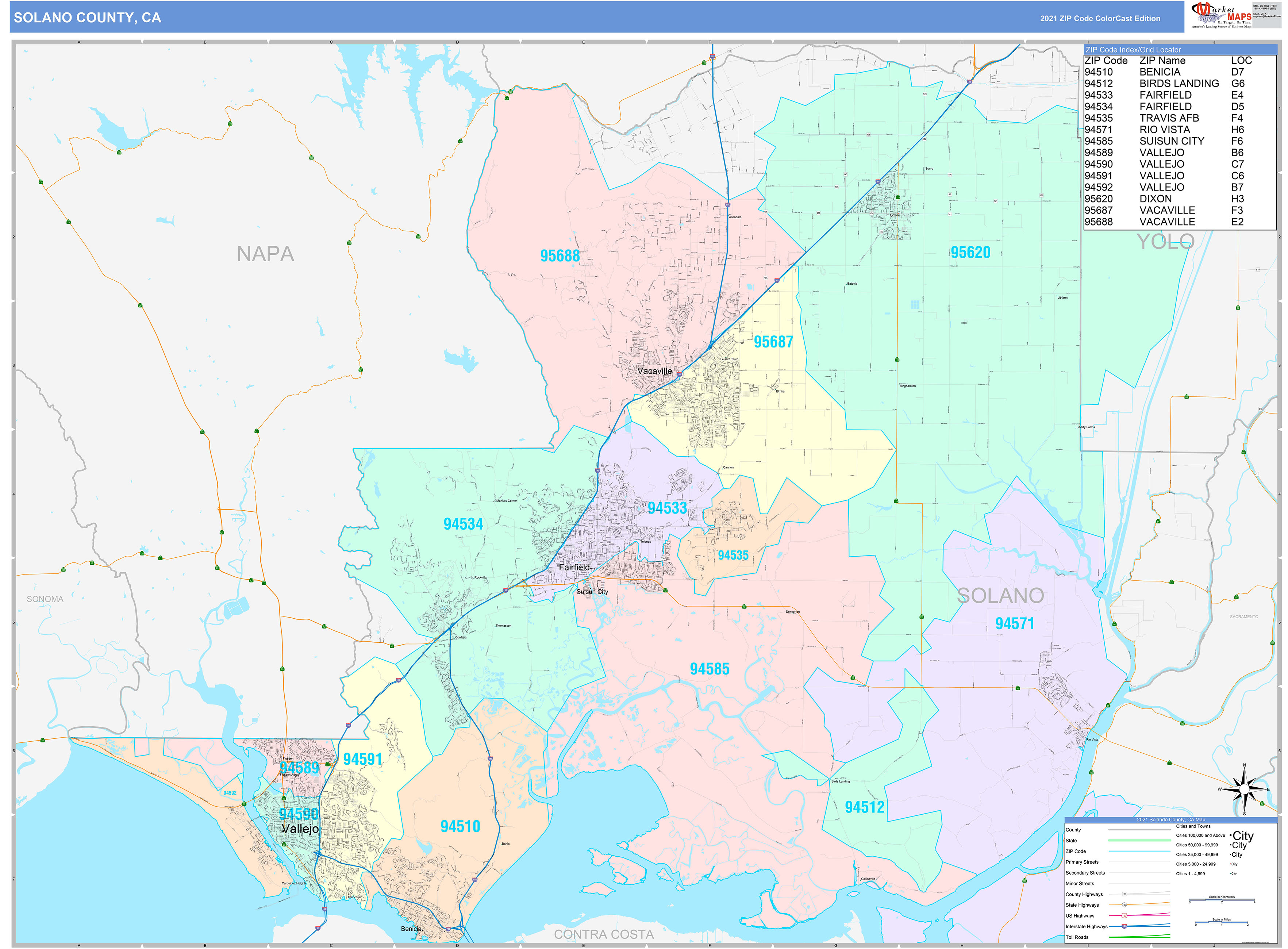 Solano County, CA Wall Map Color Cast Style by MarketMAPS