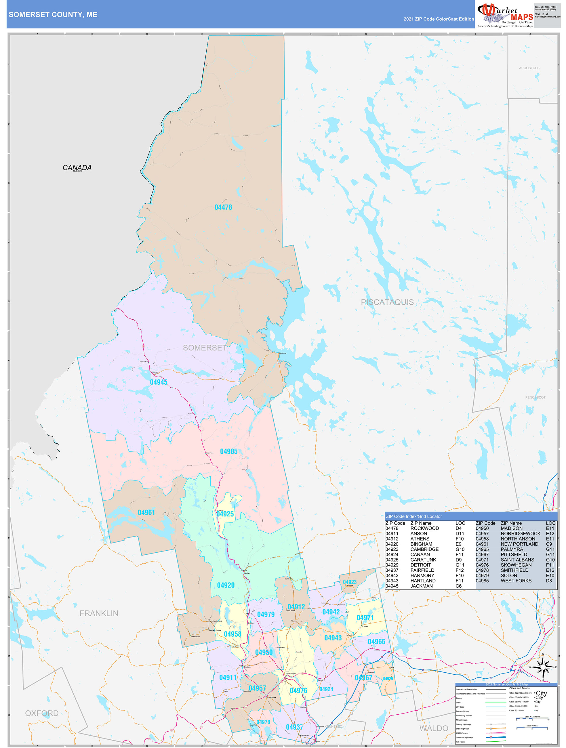 Somerset County, ME Wall Map Color Cast Style by MarketMAPS MapSales