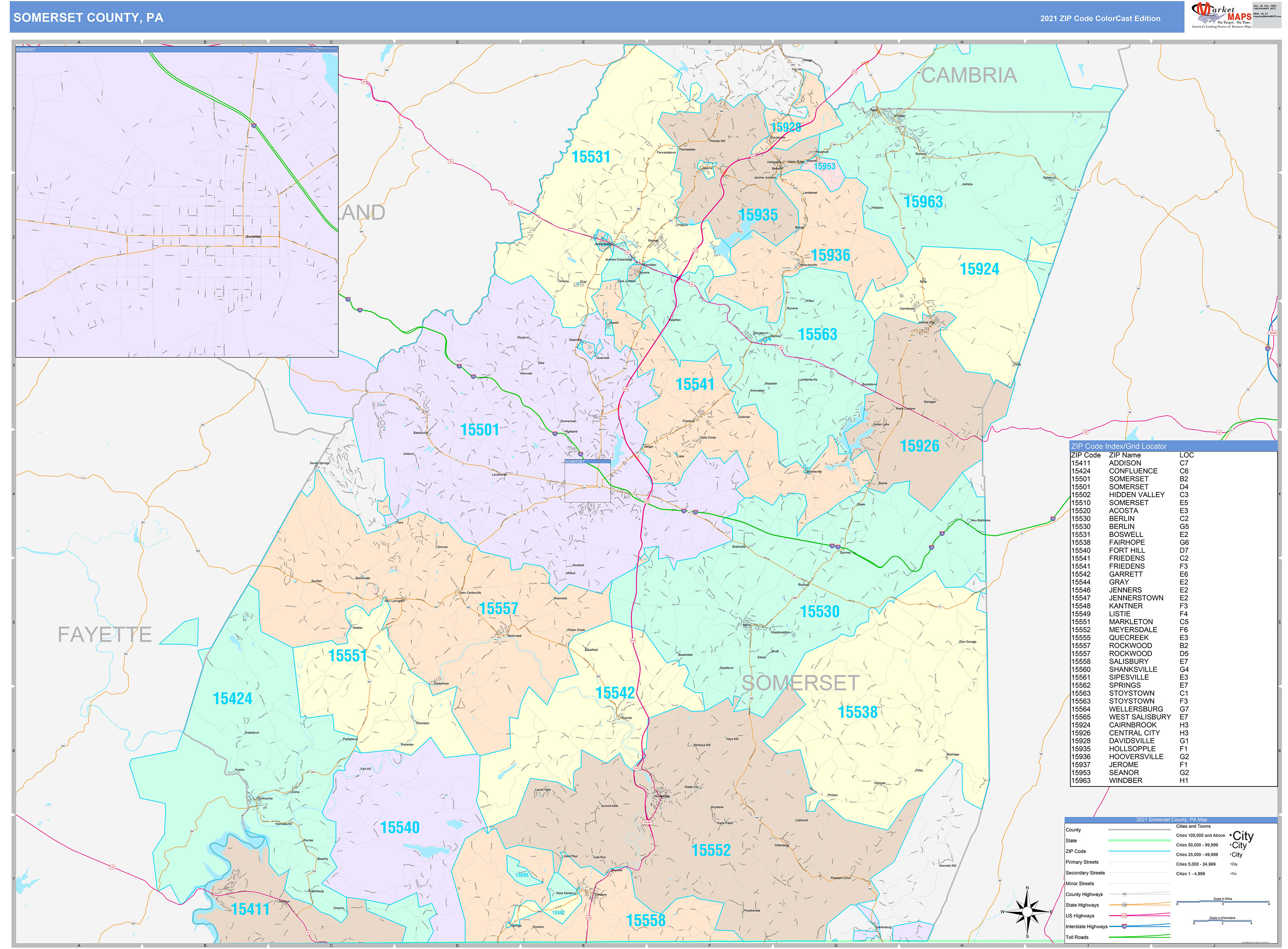 Somerset County, PA Wall Map Color Cast Style by MarketMAPS