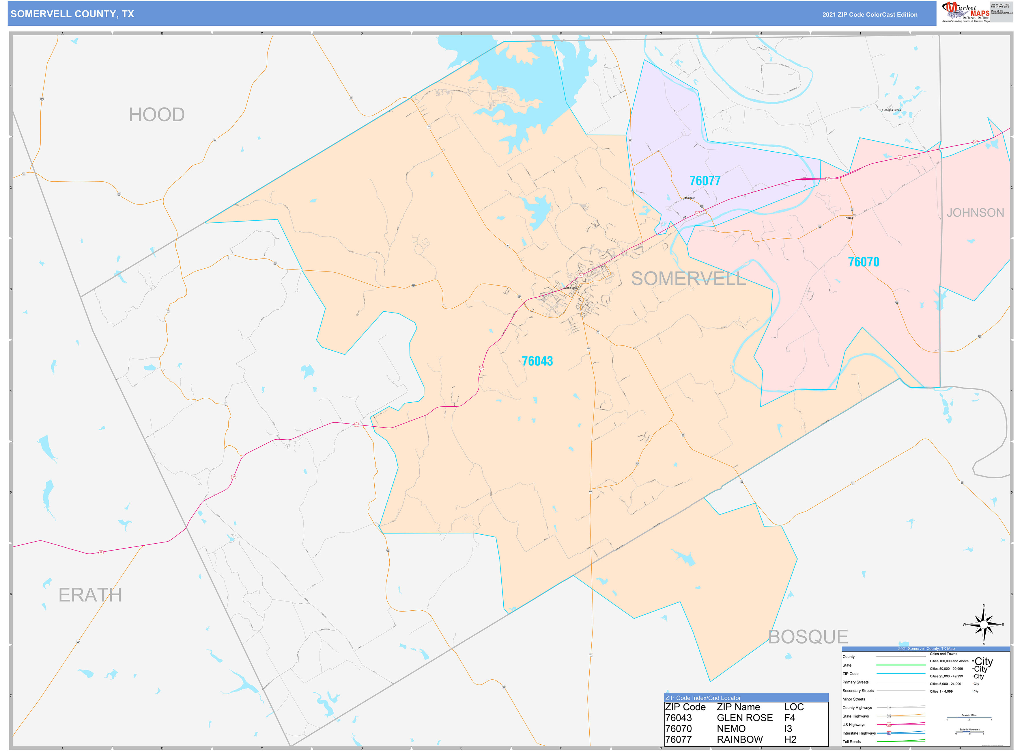 Somervell County, TX Wall Map Color Cast Style by MarketMAPS