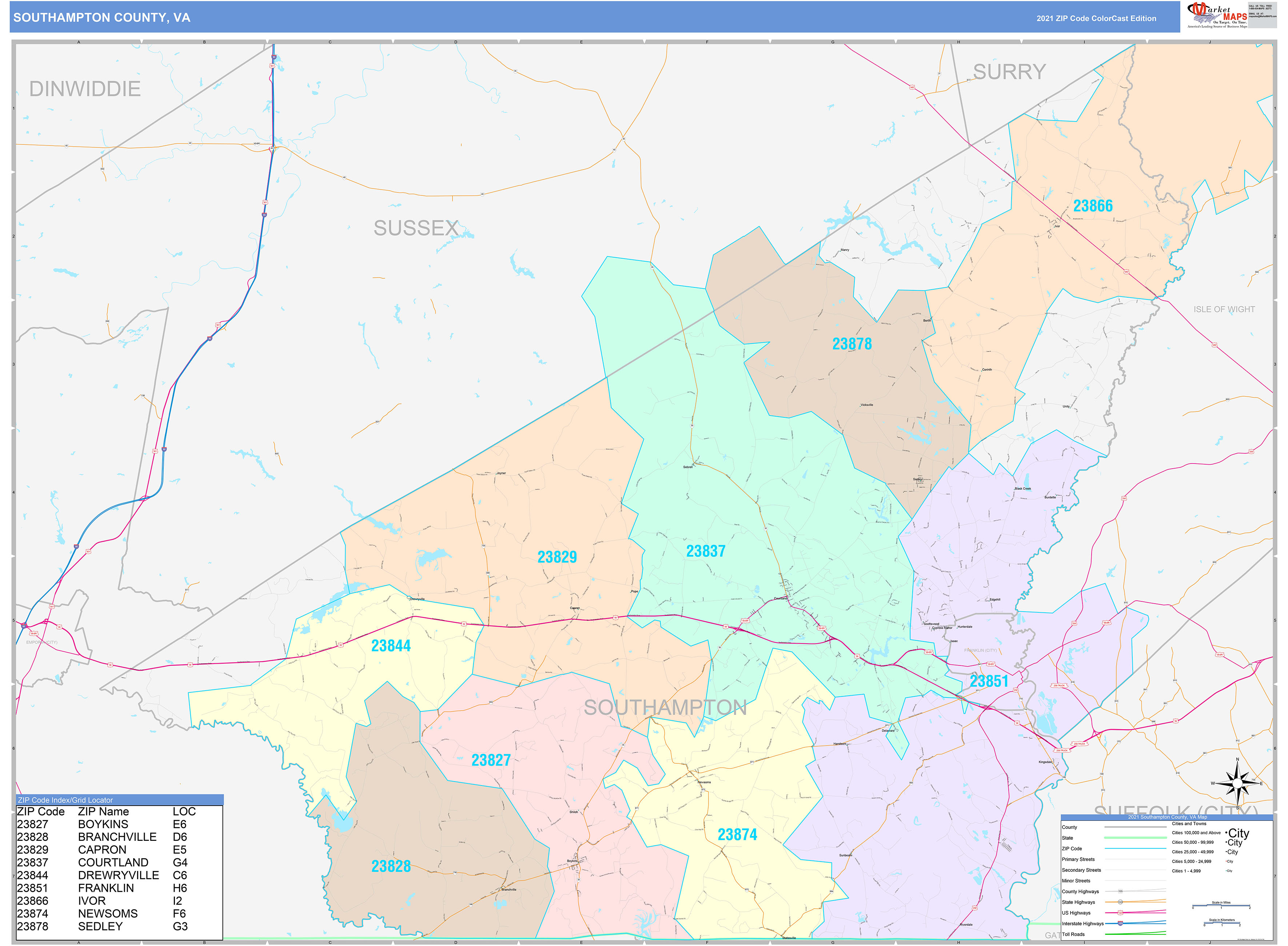 Southampton County, VA Wall Map Color Cast Style by MarketMAPS MapSales