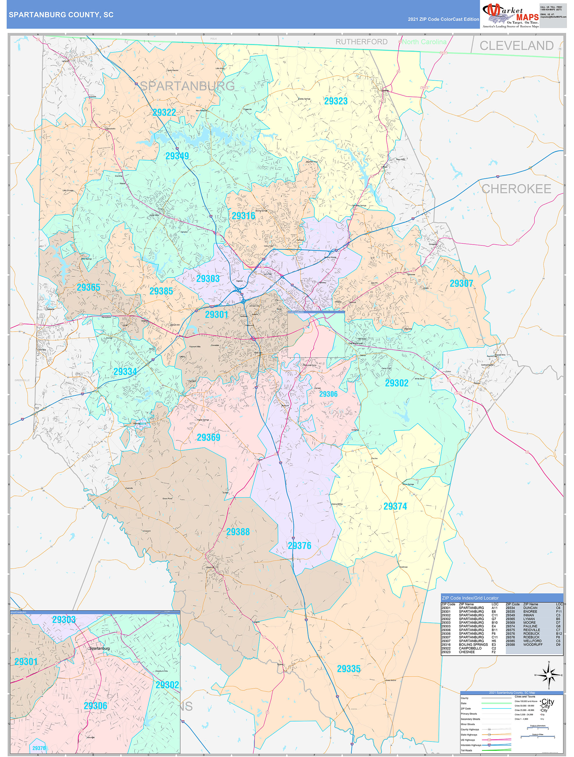 Spartanburg County, SC Wall Map Color Cast Style by MarketMAPS MapSales