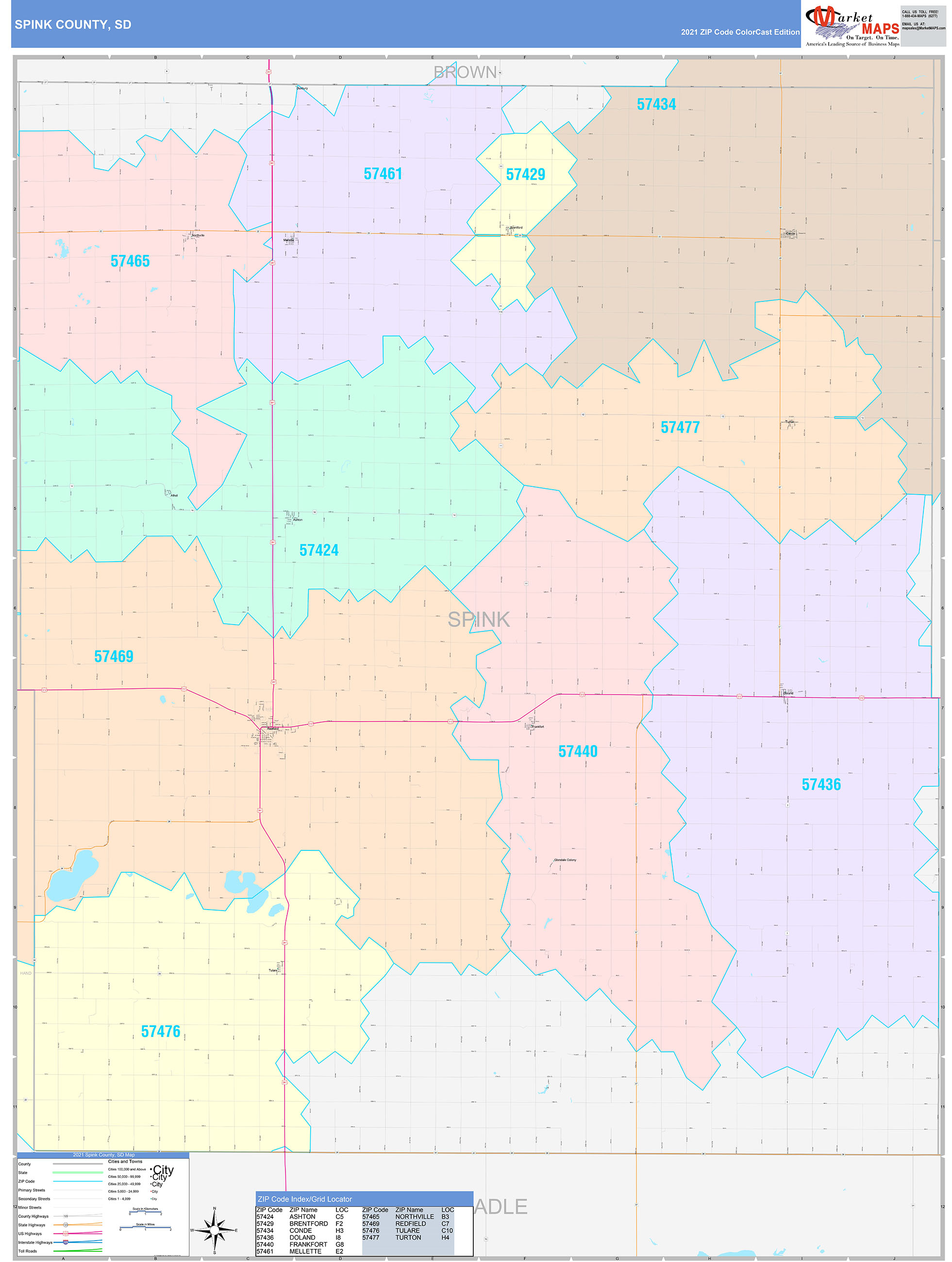Spink County, SD Wall Map Color Cast Style by MarketMAPS