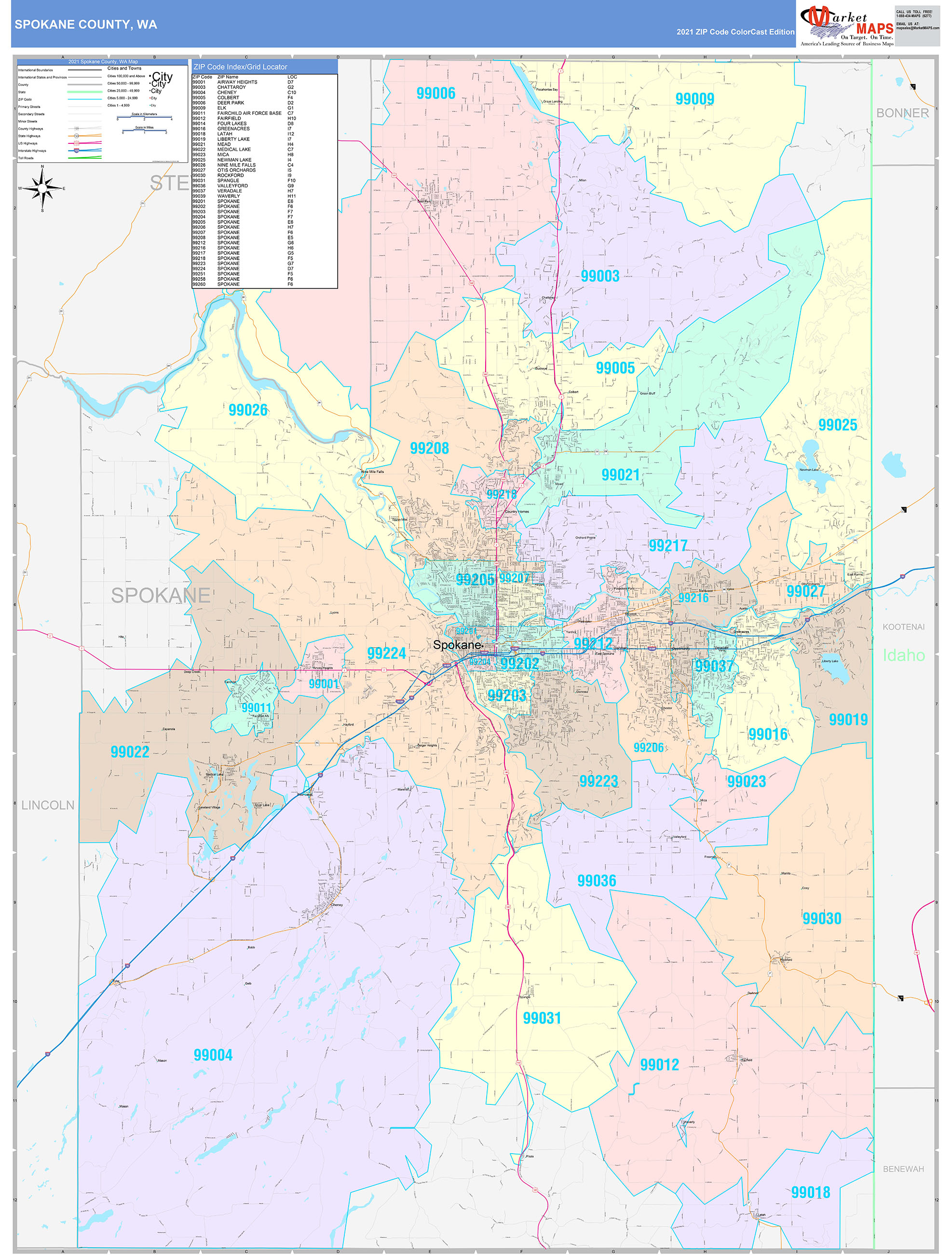 Spokane County, WA Wall Map Color Cast Style by MarketMAPS