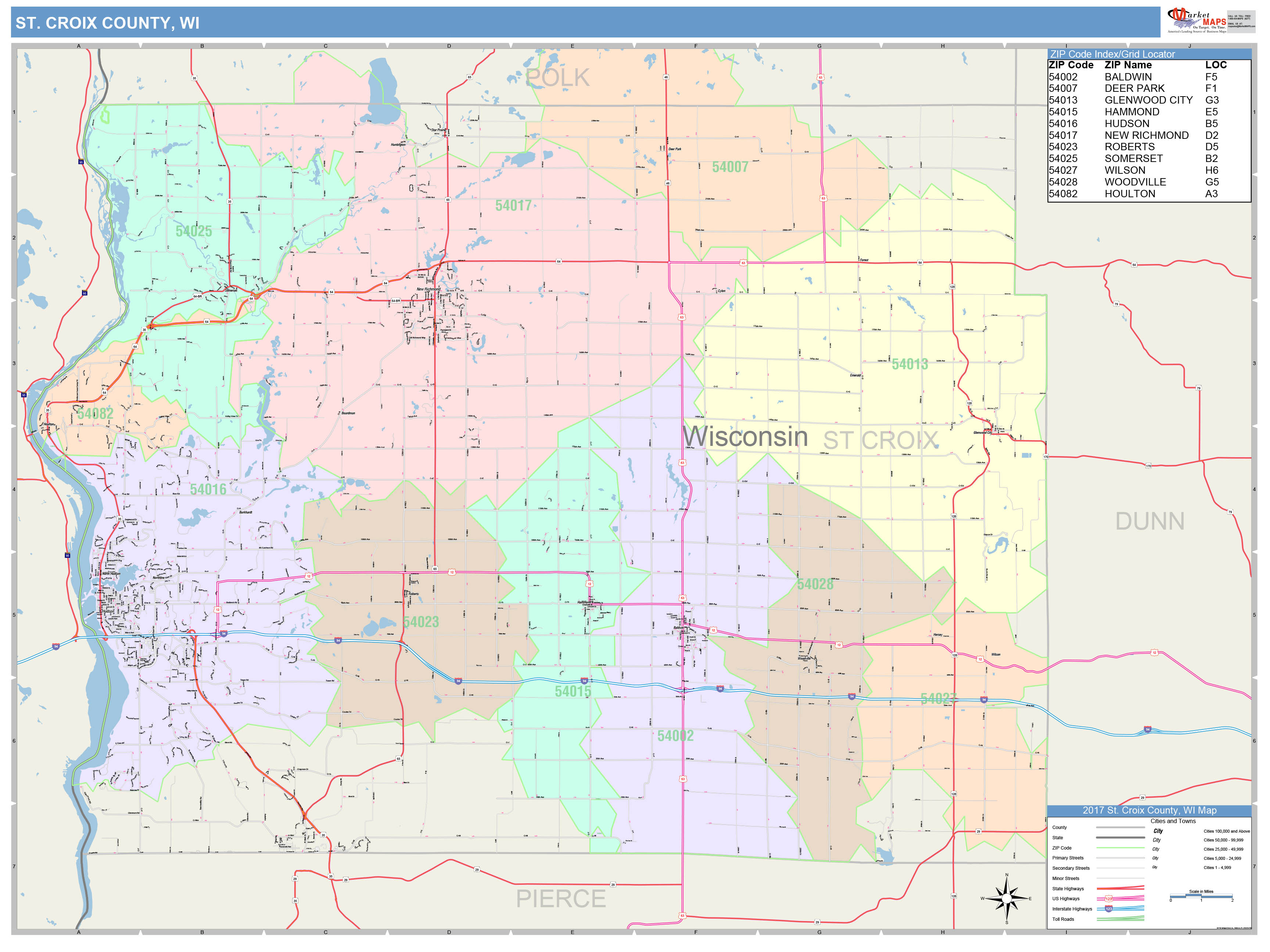 St. Croix County, WI Wall Map Color Cast Style by MarketMAPS