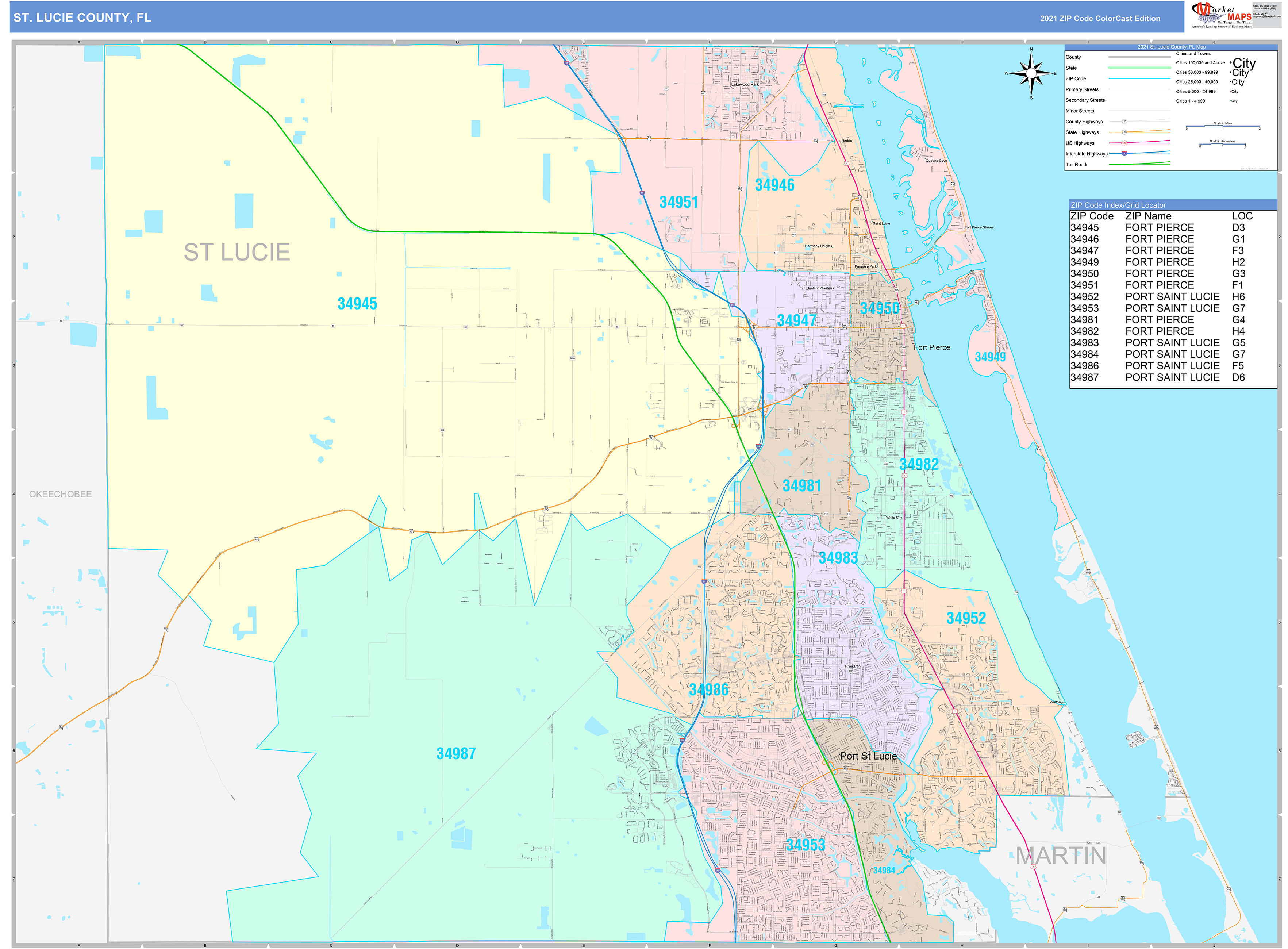 St. Lucie County, FL Wall Map Color Cast Style by MarketMAPS