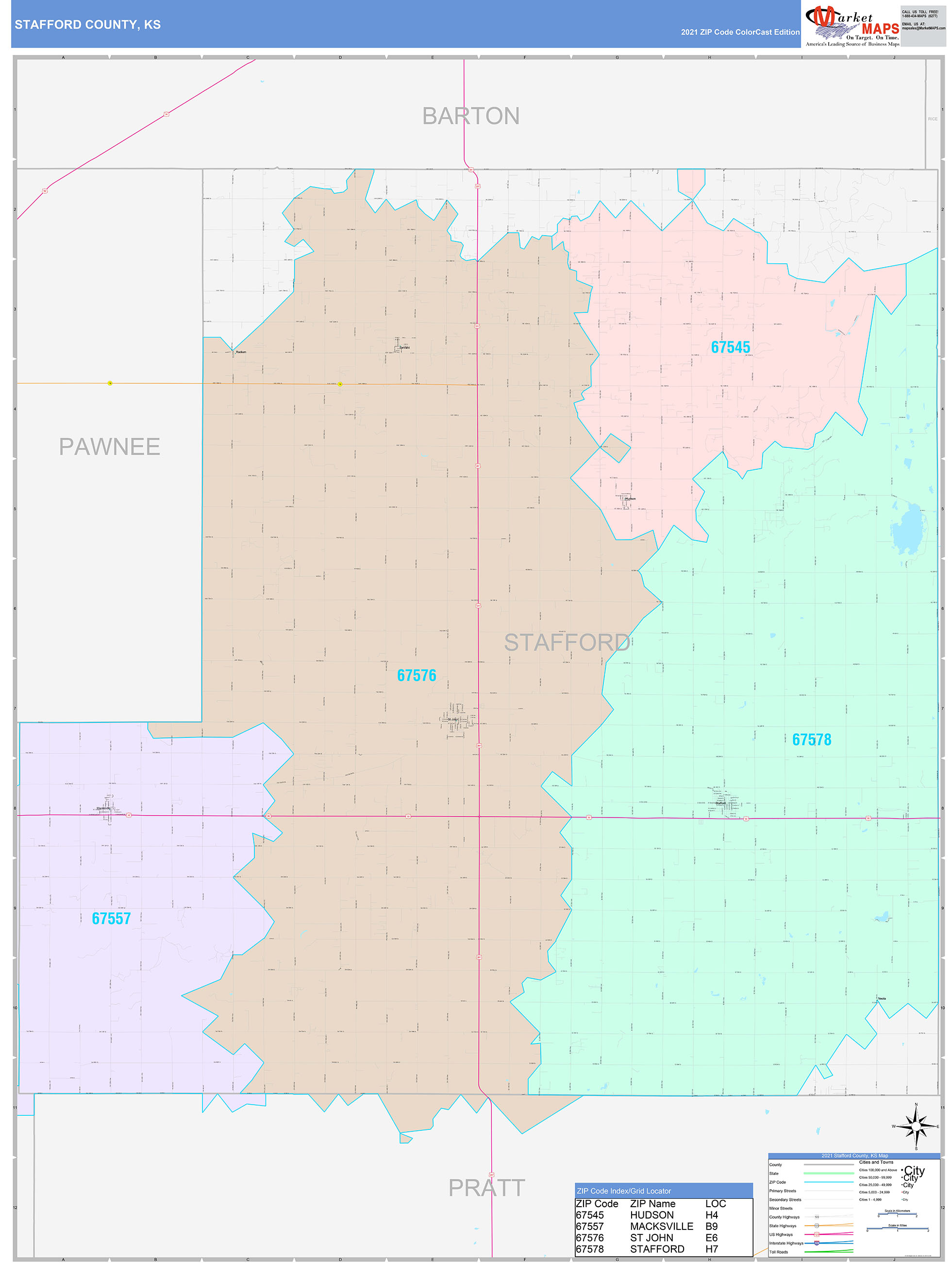 Stafford County, KS Wall Map Color Cast Style by MarketMAPS