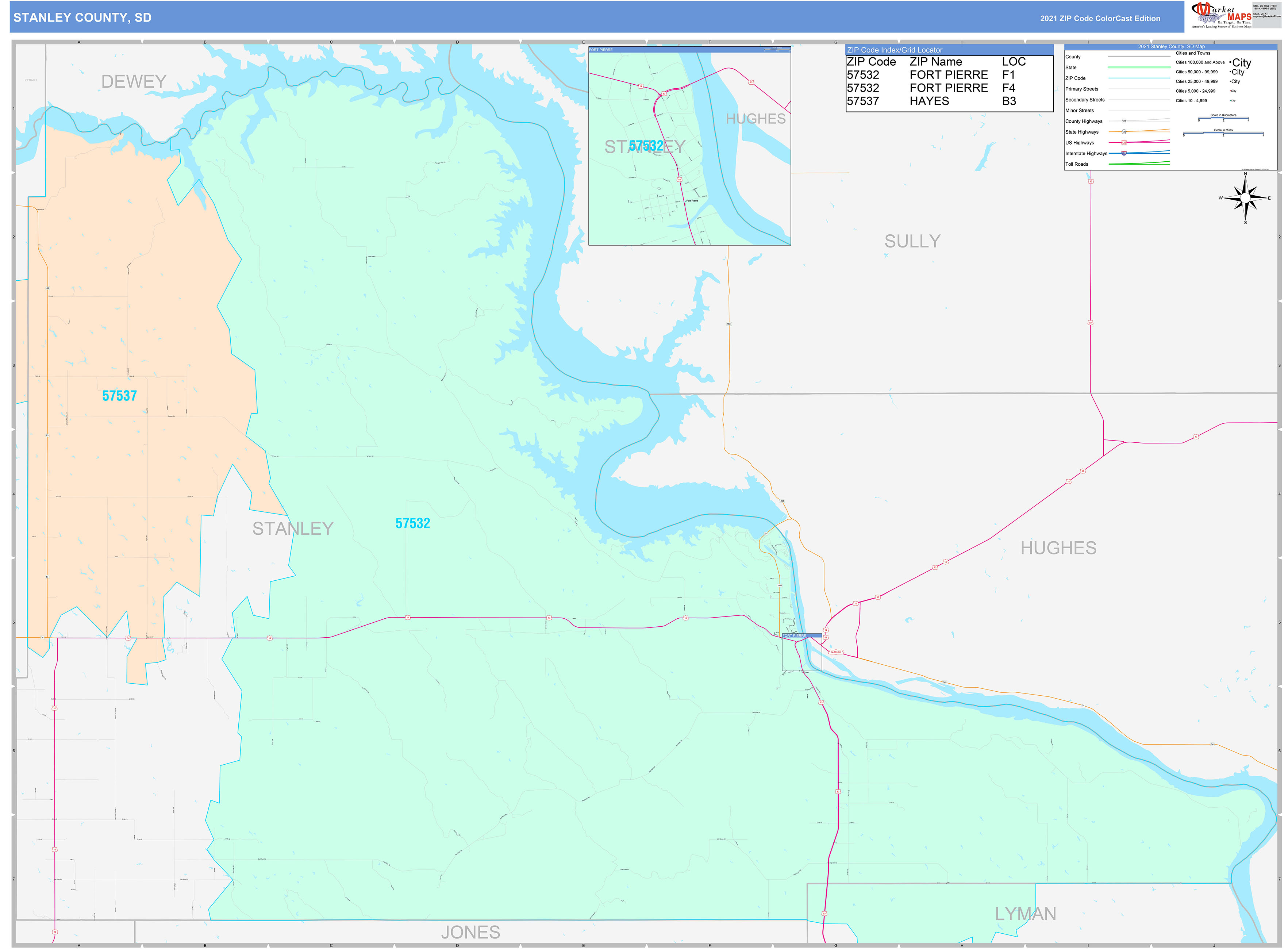 Stanley County, SD Wall Map Color Cast Style by MarketMAPS MapSales