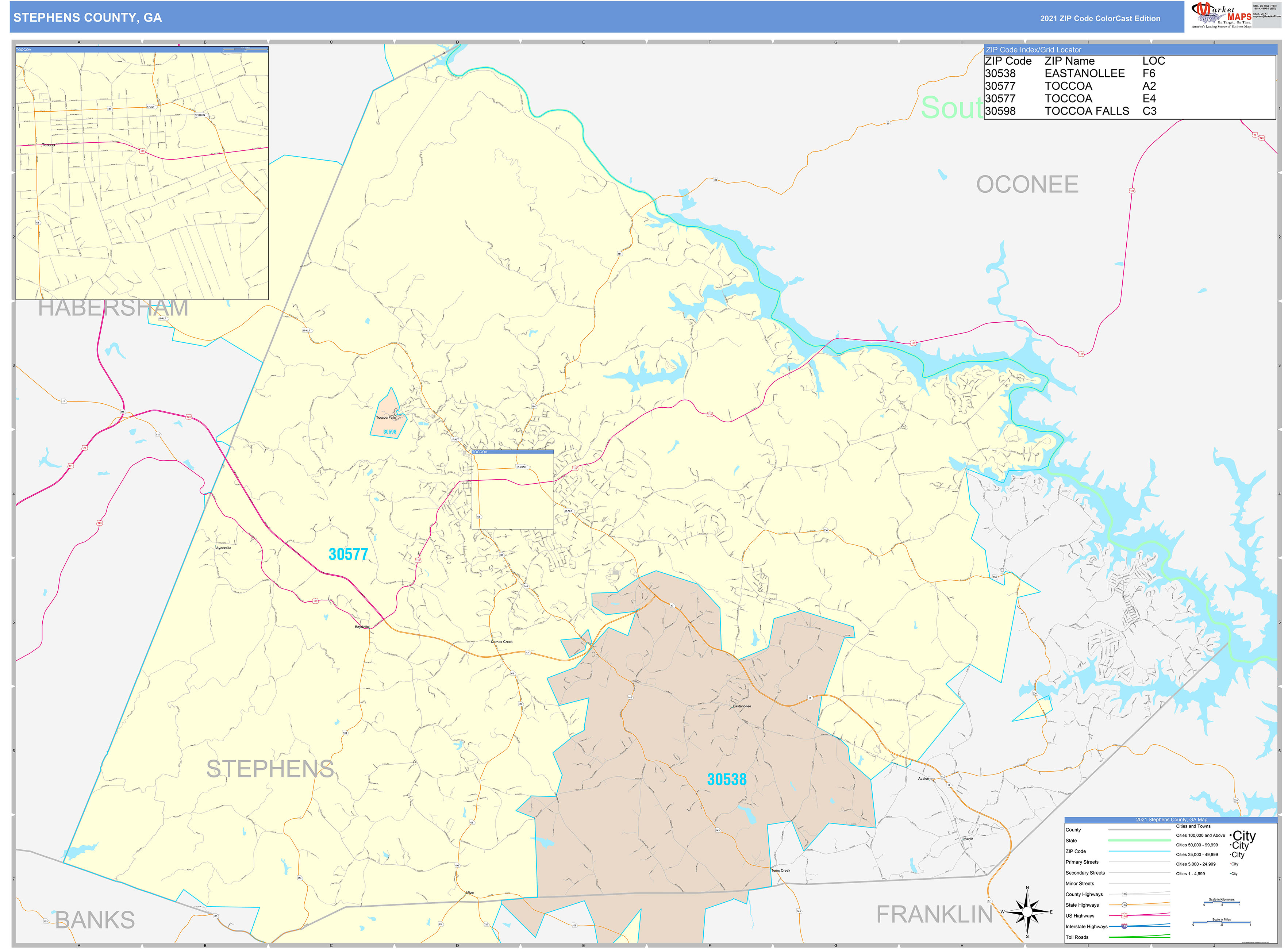 Stephens County, GA Wall Map Color Cast Style by MarketMAPS