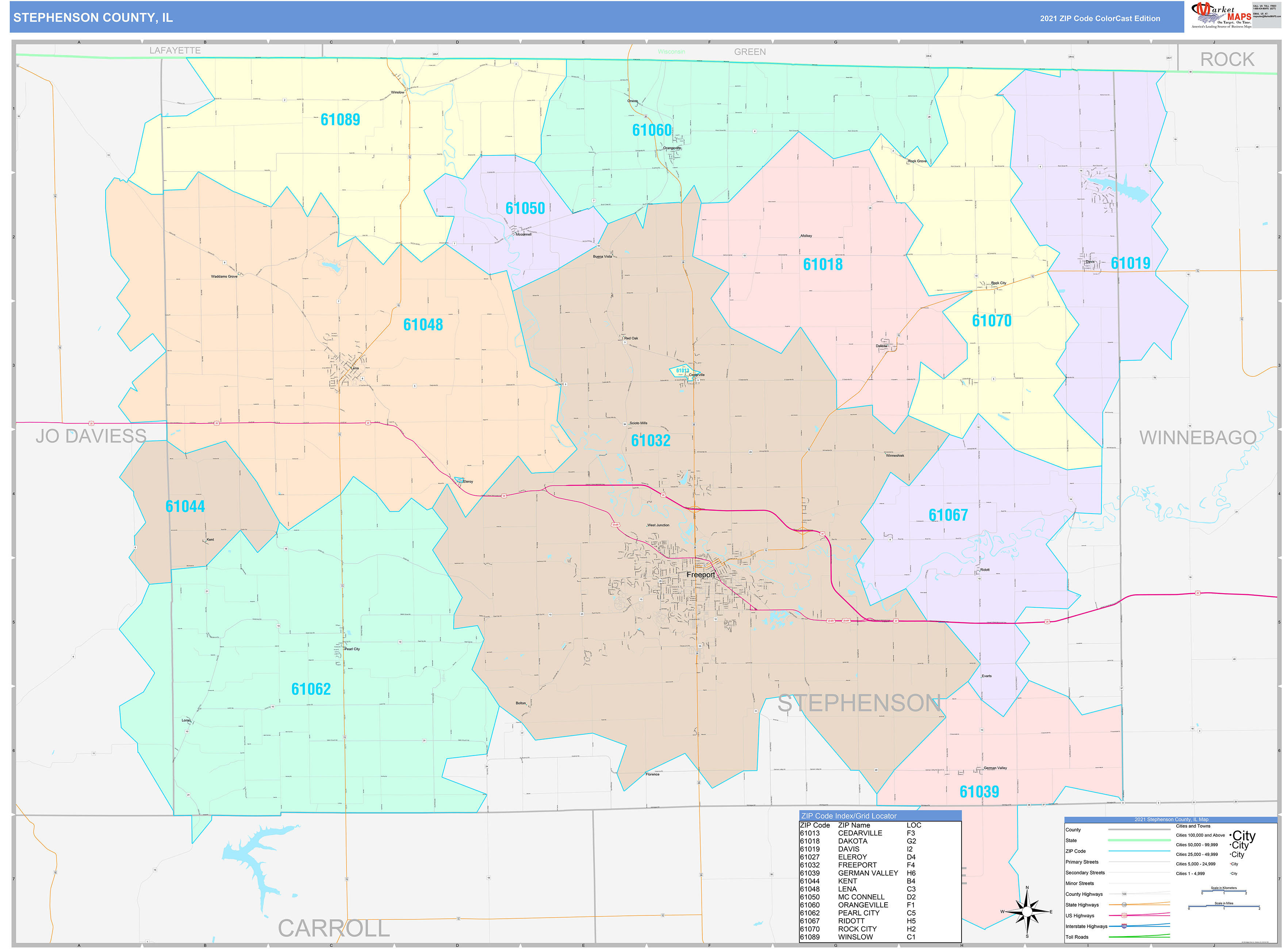 Stephenson County, IL Wall Map Color Cast Style by MarketMAPS