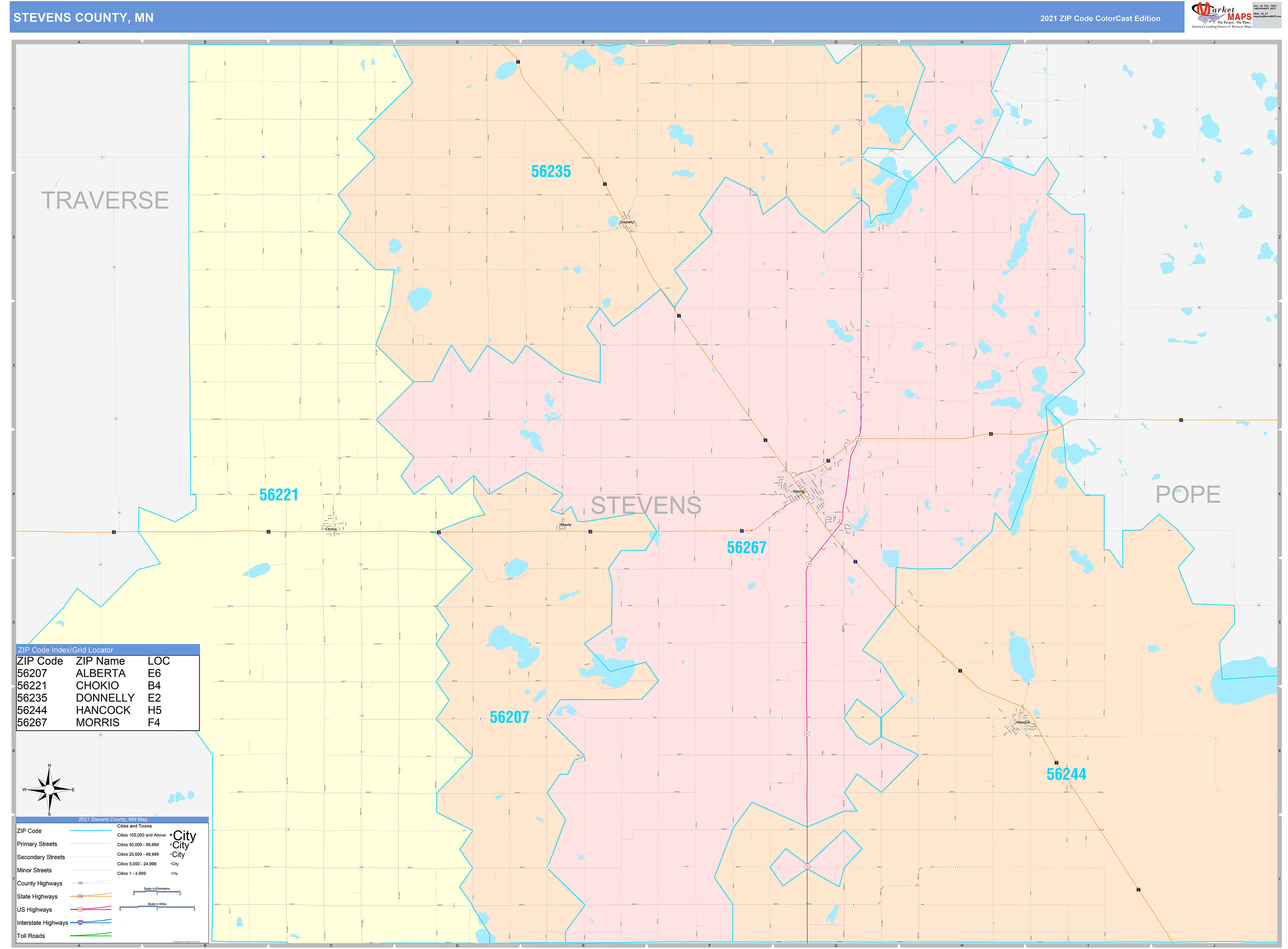 Stevens County, MN Wall Map Color Cast Style by MarketMAPS
