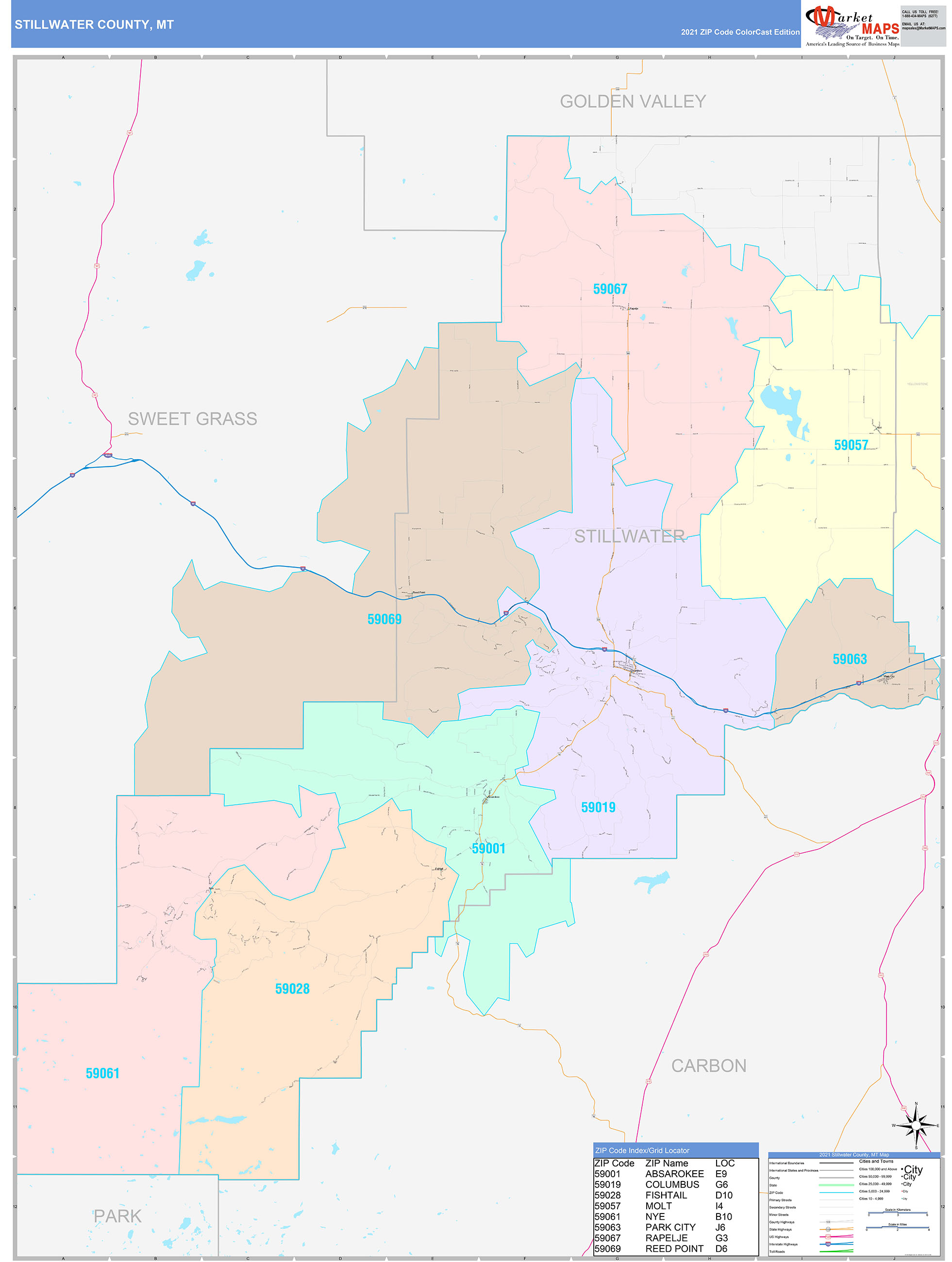 Stillwater County, MT Wall Map Color Cast Style by MarketMAPS MapSales