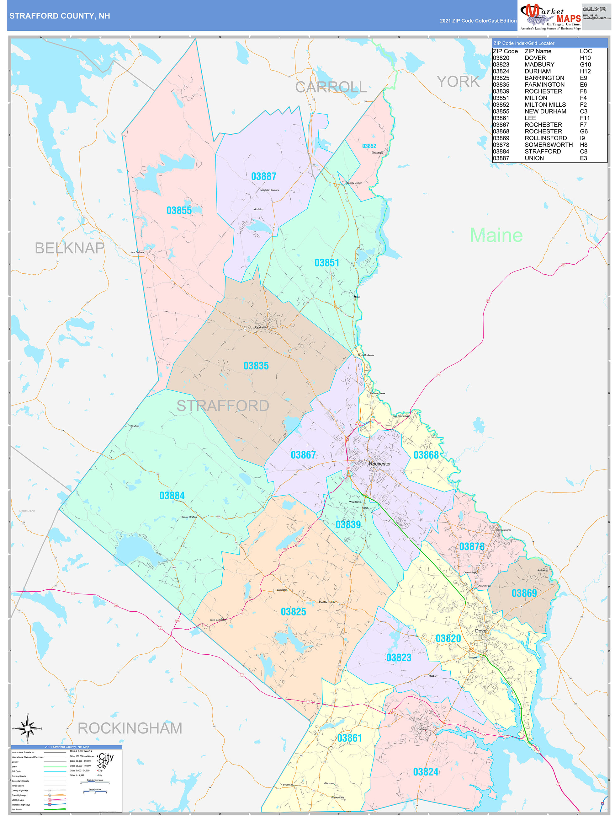 Strafford County, NH Wall Map Color Cast Style by MarketMAPS