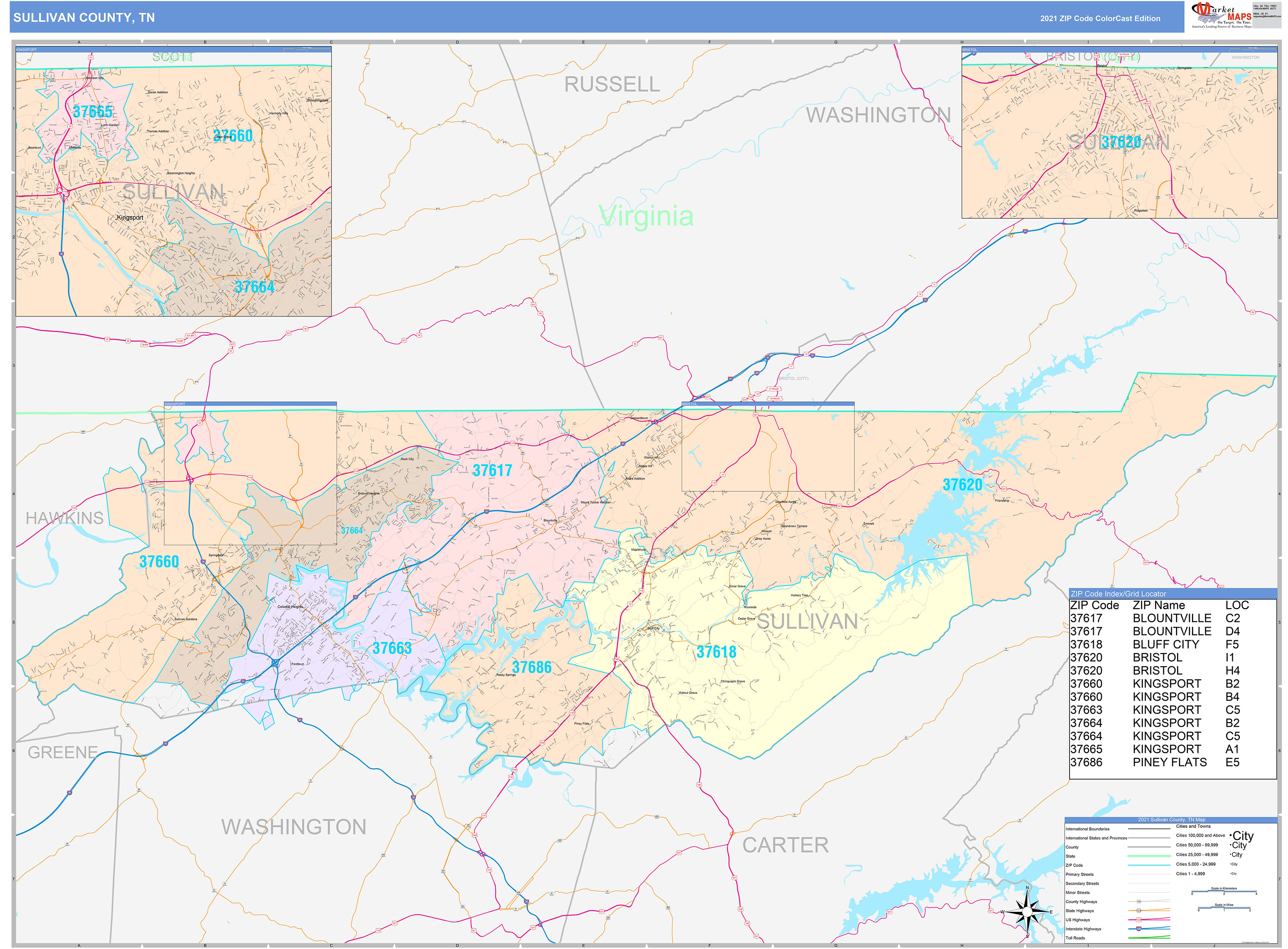 Sullivan County Tn Wall Map Color Cast Style By Marketmaps Mapsales