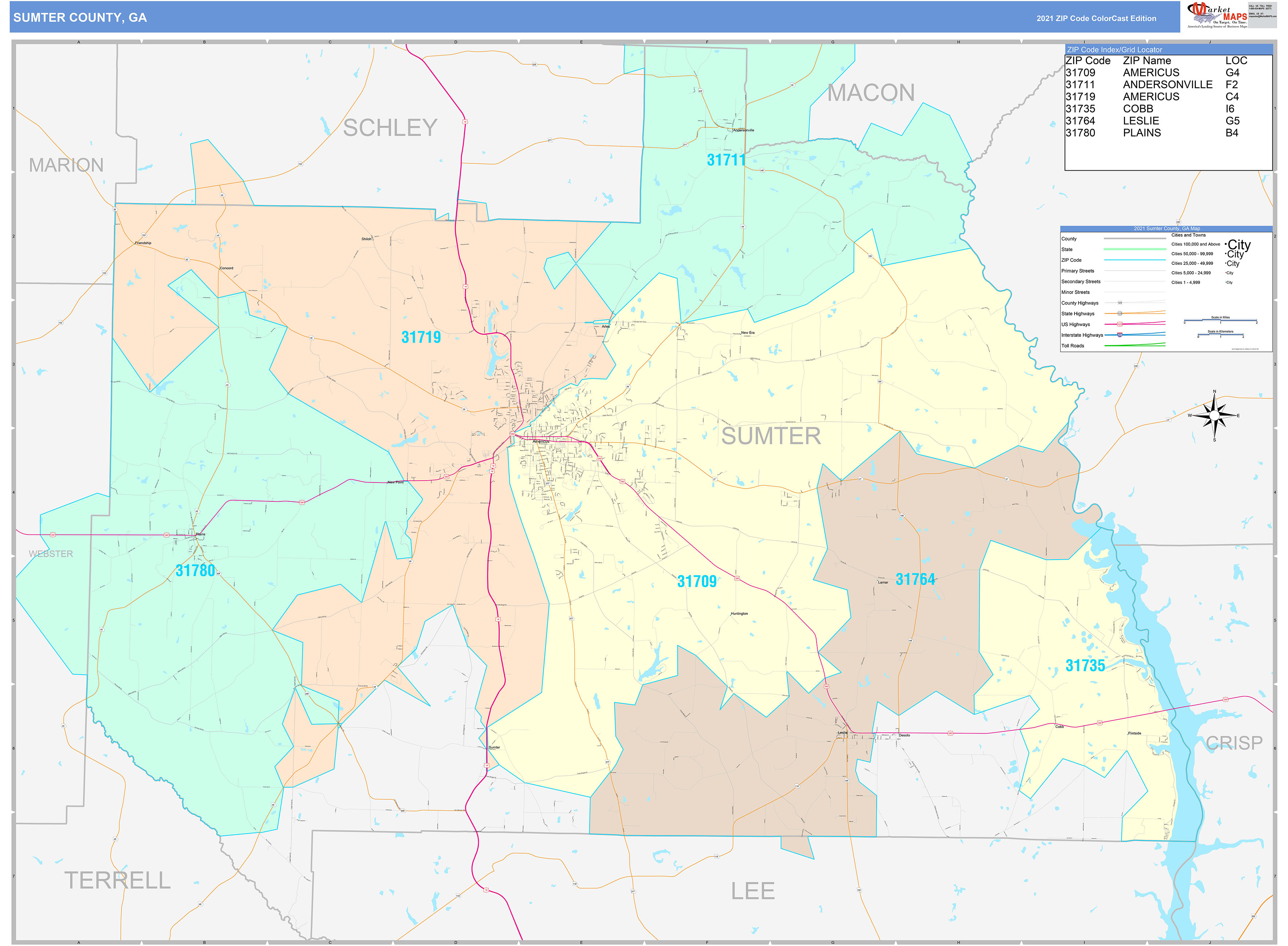 Sumter County, GA Wall Map Color Cast Style by MarketMAPS