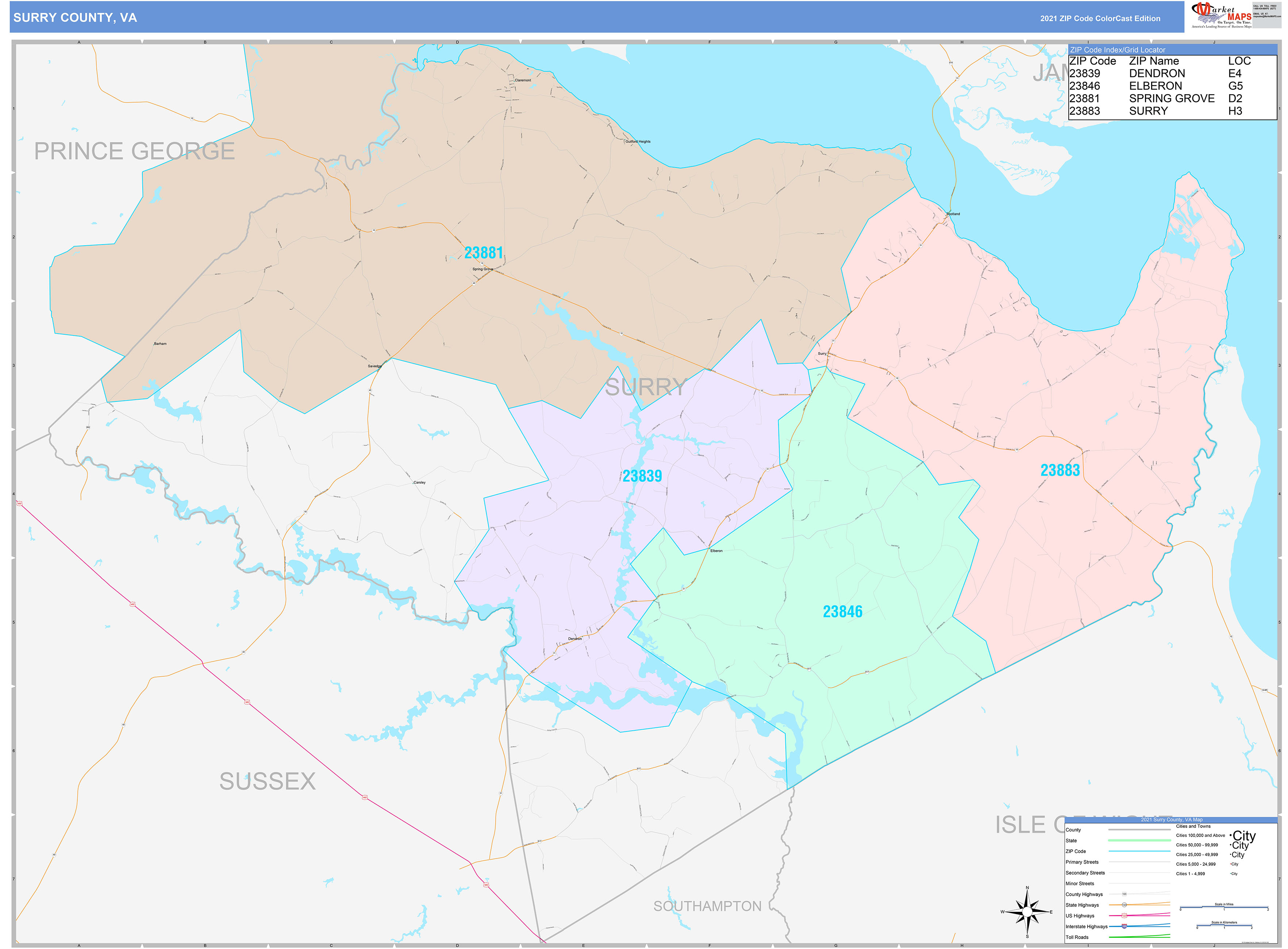 Surry County, VA Wall Map Color Cast Style by MarketMAPS