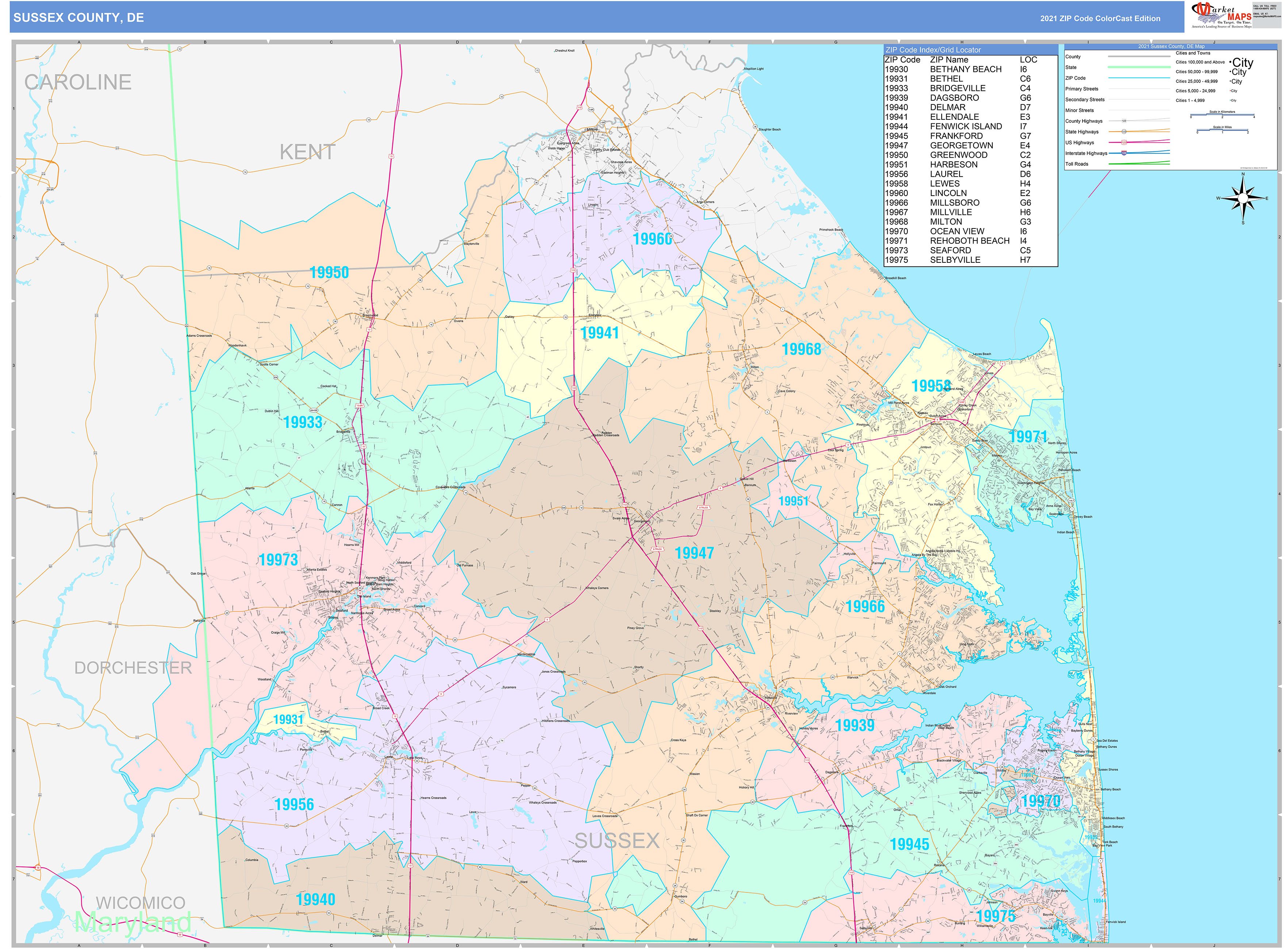Sussex County DE Wall Map Color Cast Style By MarketMAPS