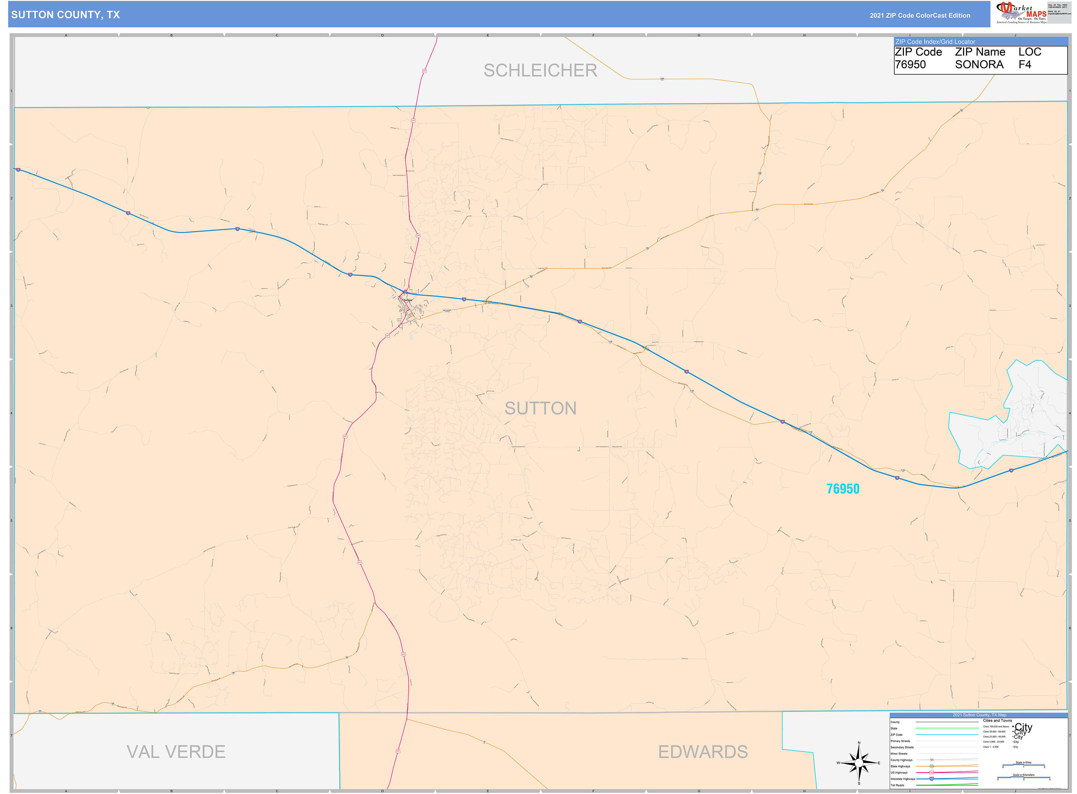 Sutton County, TX Wall Map Color Cast Style by MarketMAPS