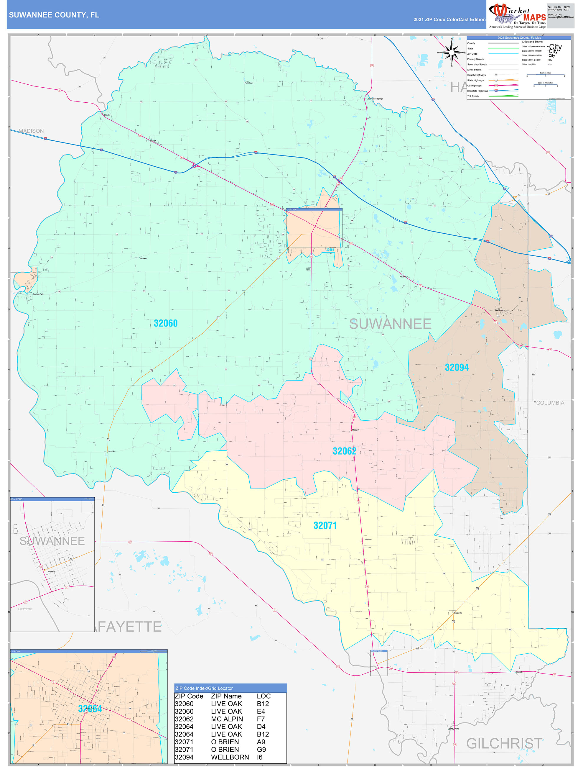 Suwannee County, FL Wall Map Color Cast Style by MarketMAPS