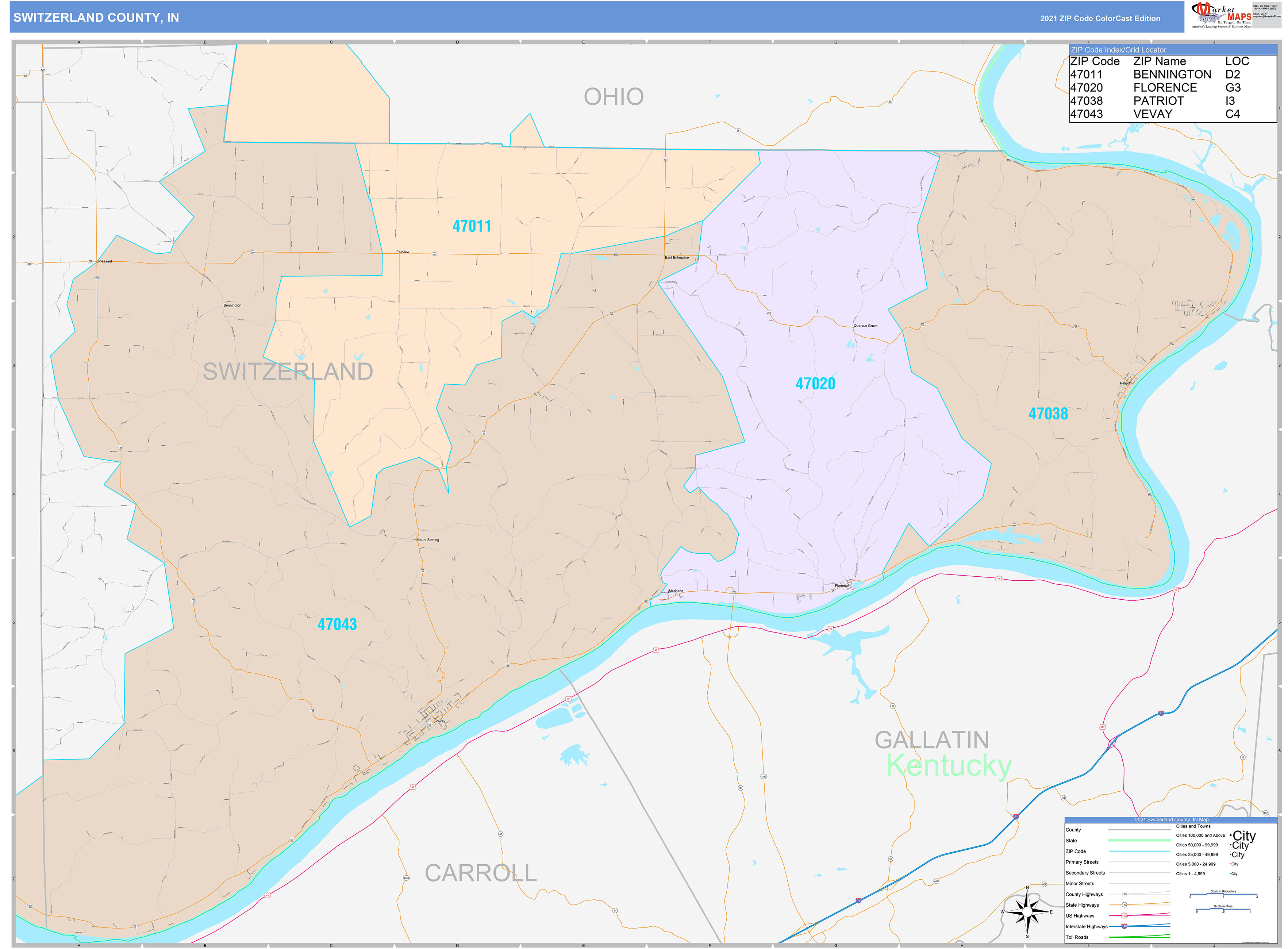 Switzerland County, IN Wall Map Color Cast Style by MarketMAPS