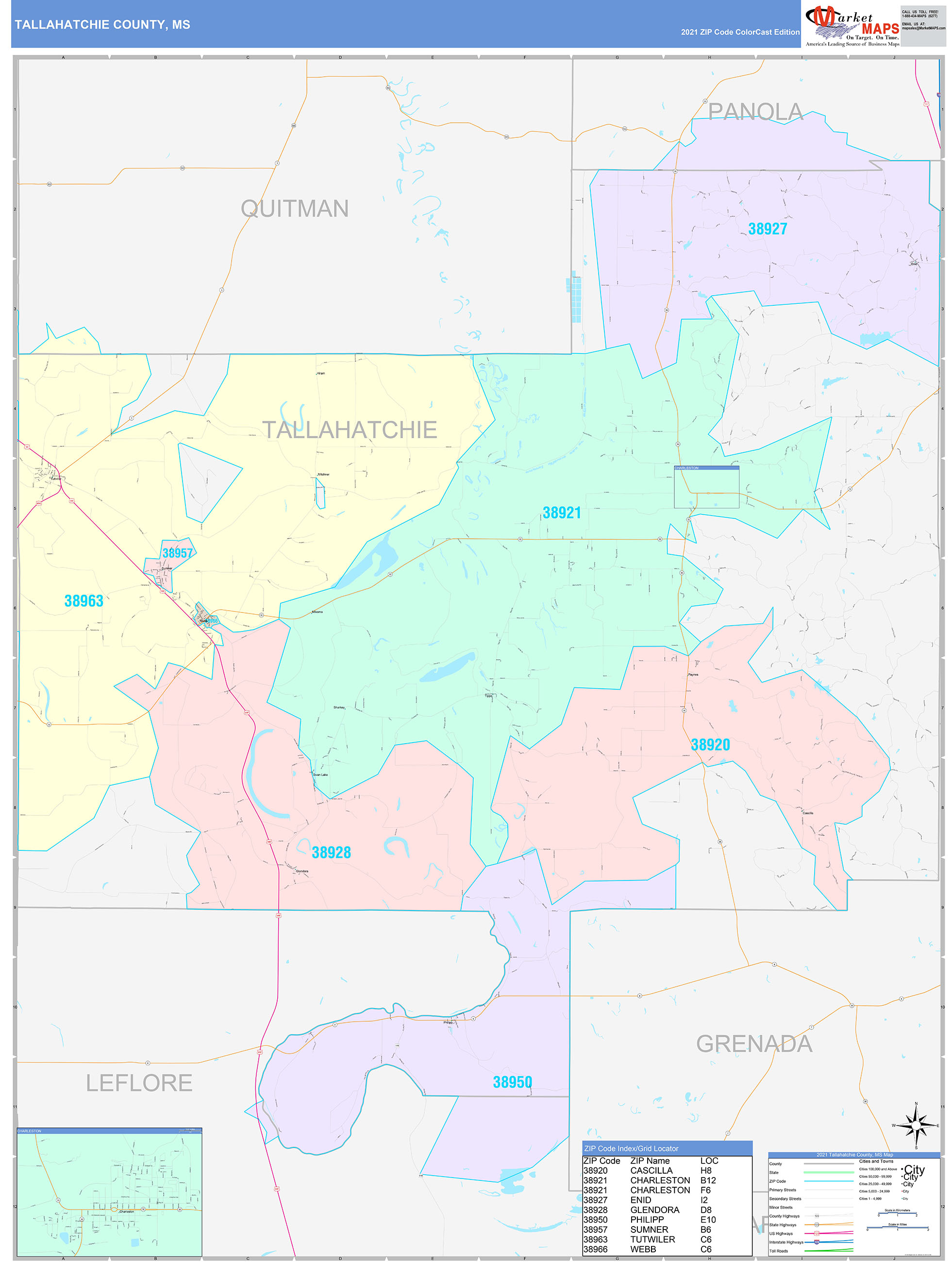 Tallahatchie County, MS Wall Map Color Cast Style by MarketMAPS MapSales