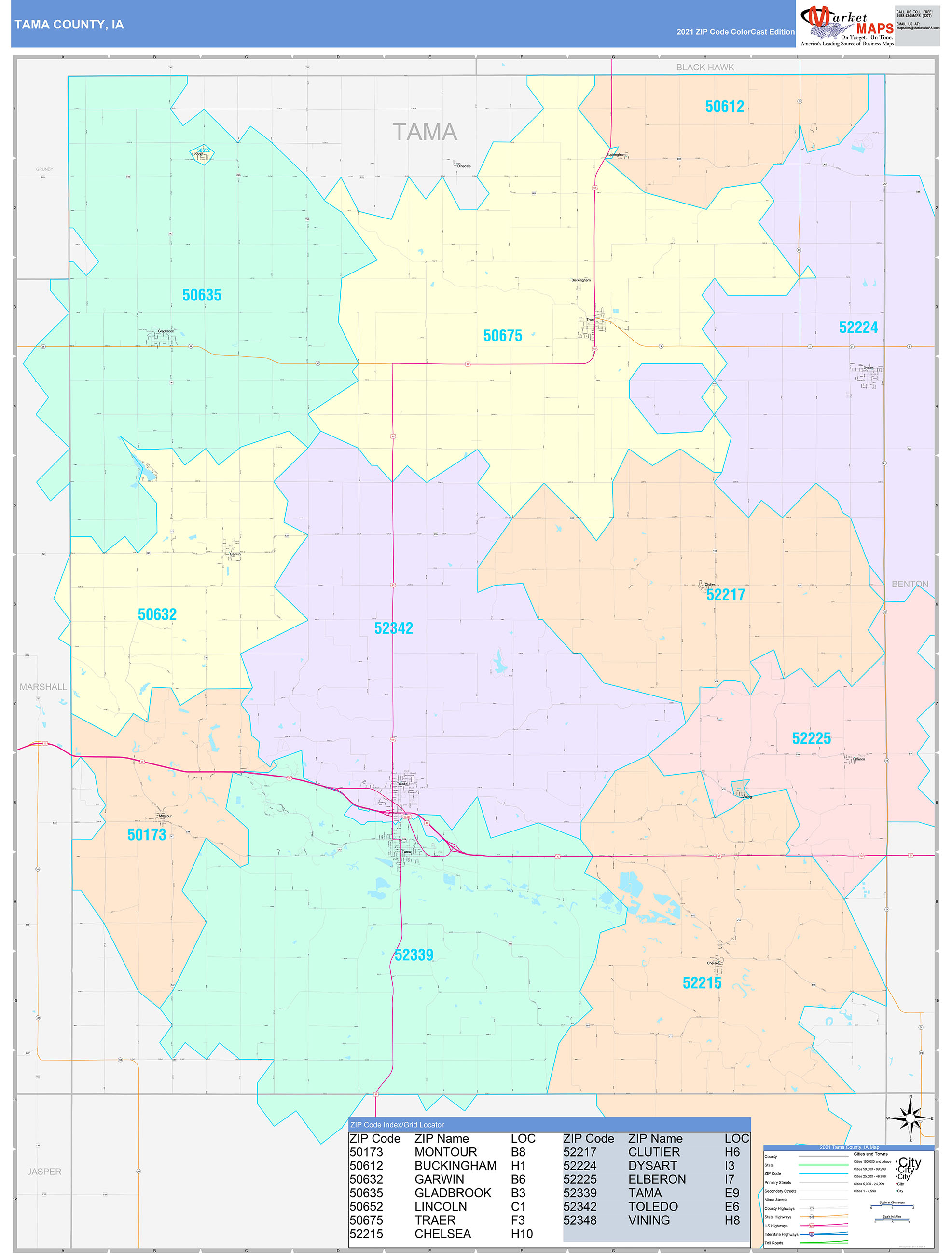 Tama County, IA Wall Map Color Cast Style by MarketMAPS