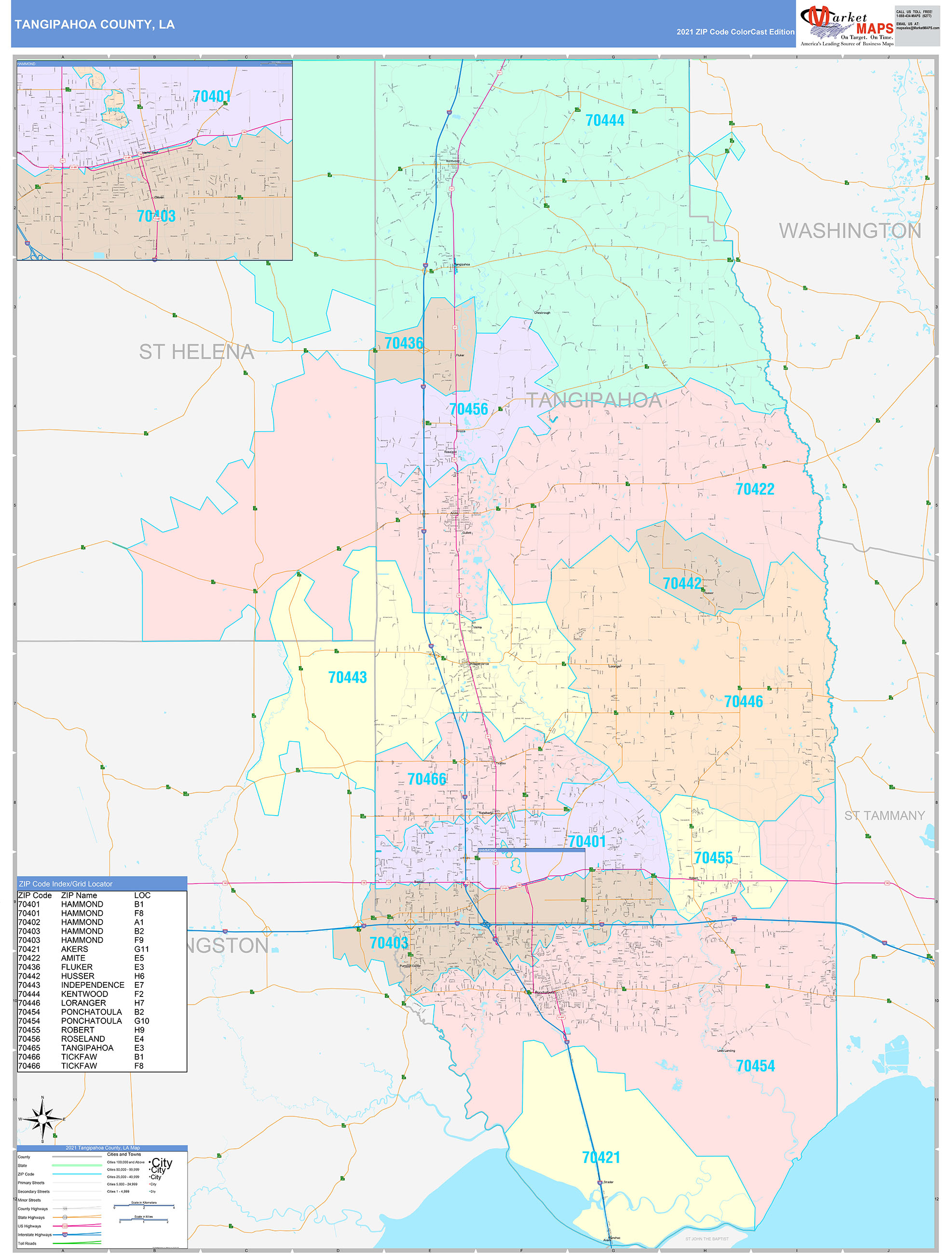 Tangipahoa County, LA Wall Map Color Cast Style by MarketMAPS MapSales